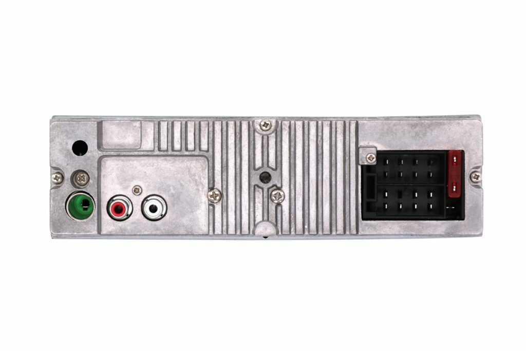 Rückseite eines Autoradios mit RCA-Anschlüssen, Antennenbuchse und einem großen schwarzen Mehrfachstecker.