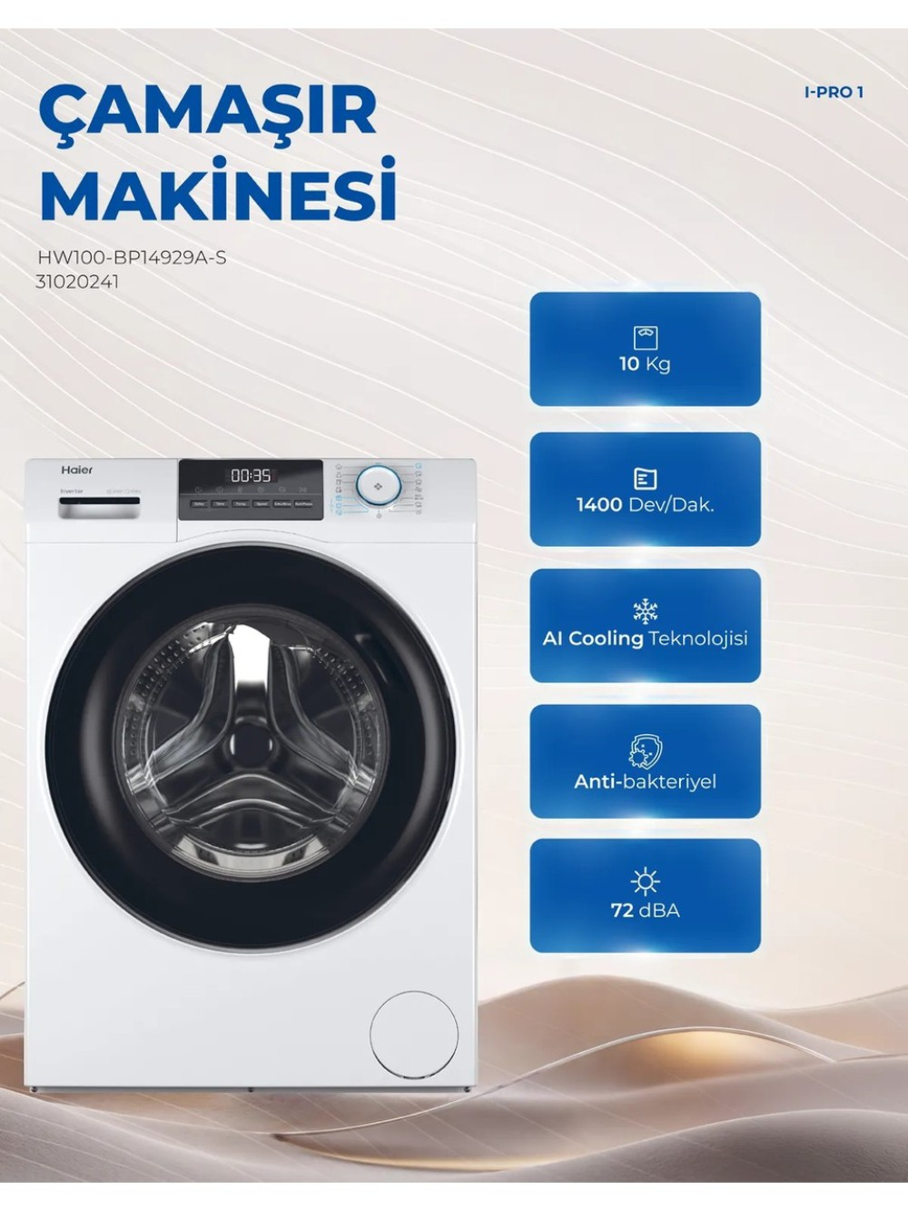 Lavatrice Haier bianca con icone di funzioni blu e testo su sfondo beige.