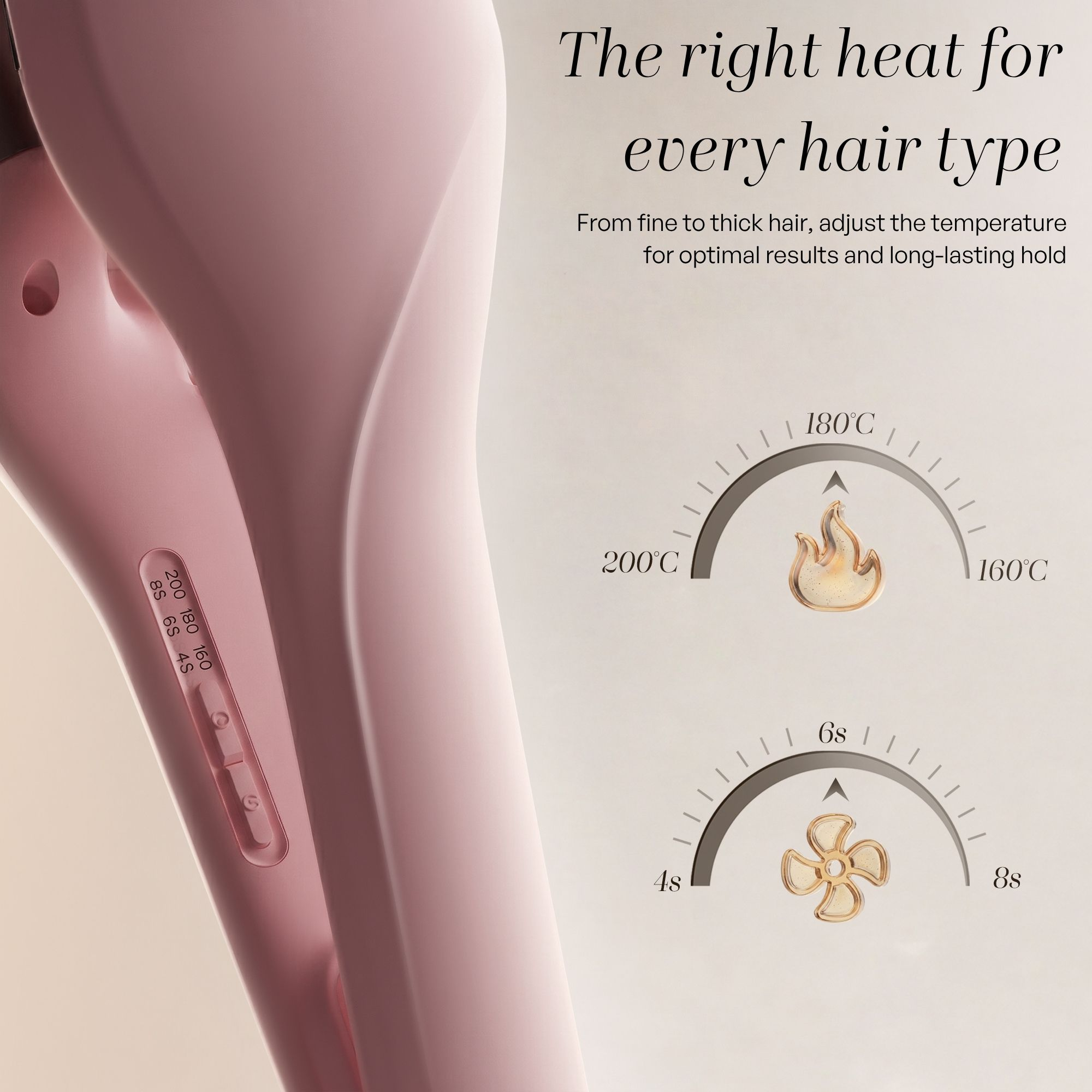 Un arricciacapelli rosa con impostazioni di temperatura e timer.