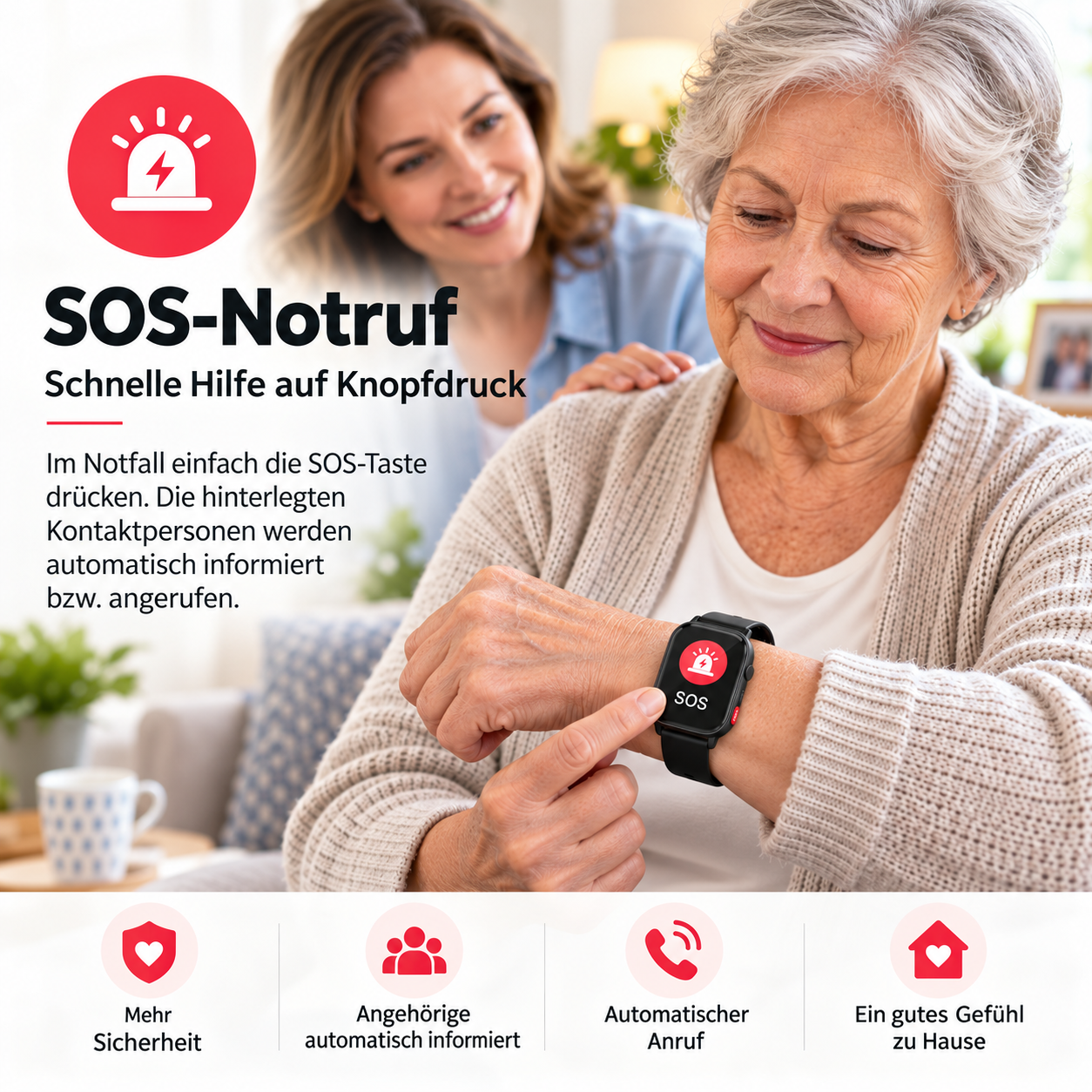 Seniorin drückt SOS-Notruf-Taste an ihrer Smartwatch, unterstützt von einer jüngeren Frau im Hintergrund.