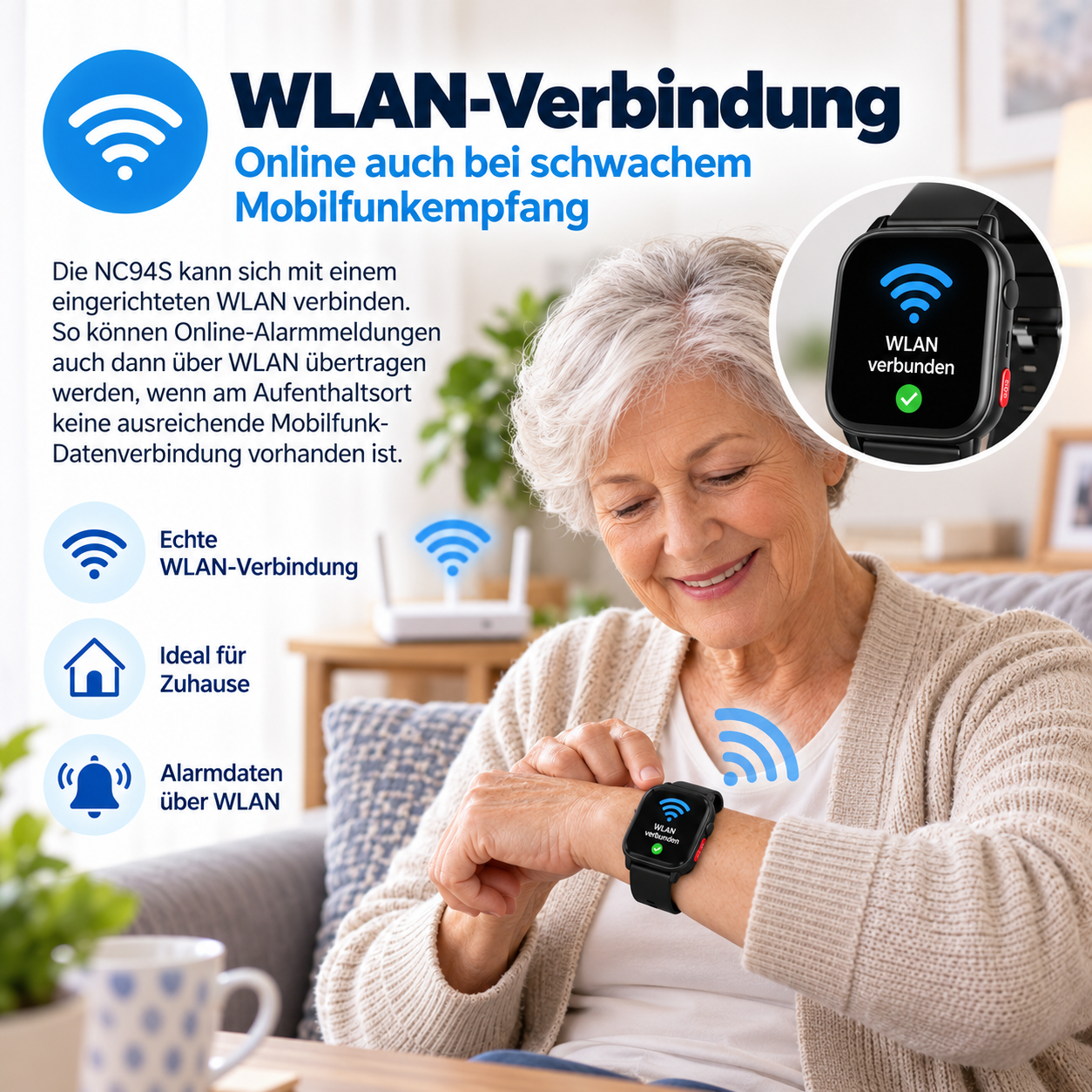 Ältere Frau lächelt und schaut auf eine Smartwatch mit WLAN-Symbol.