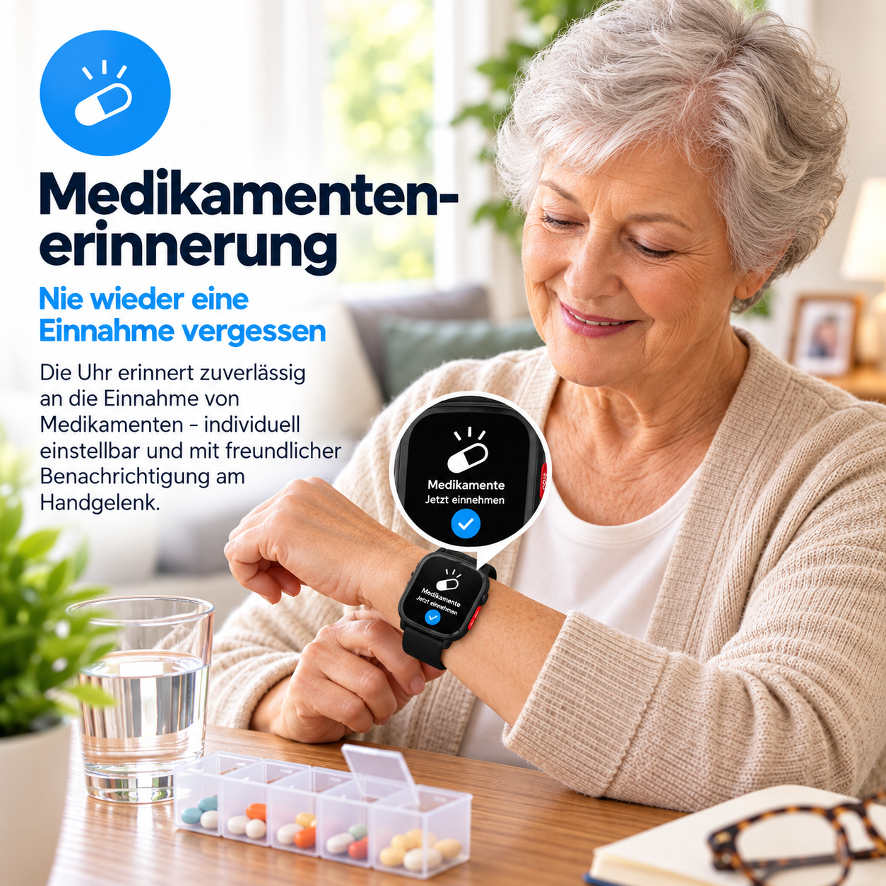 Ältere Frau lächelt und sieht auf ihre Smartwatch, die eine Medikamentenerinnerung anzeigt.