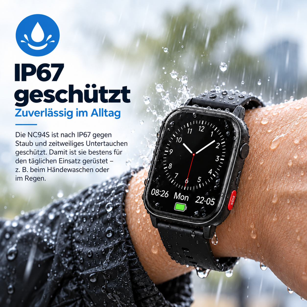Wasserdichte Smartwatch am Handgelenk mit Wassertropfen und Text zur IP67-Zertifizierung.