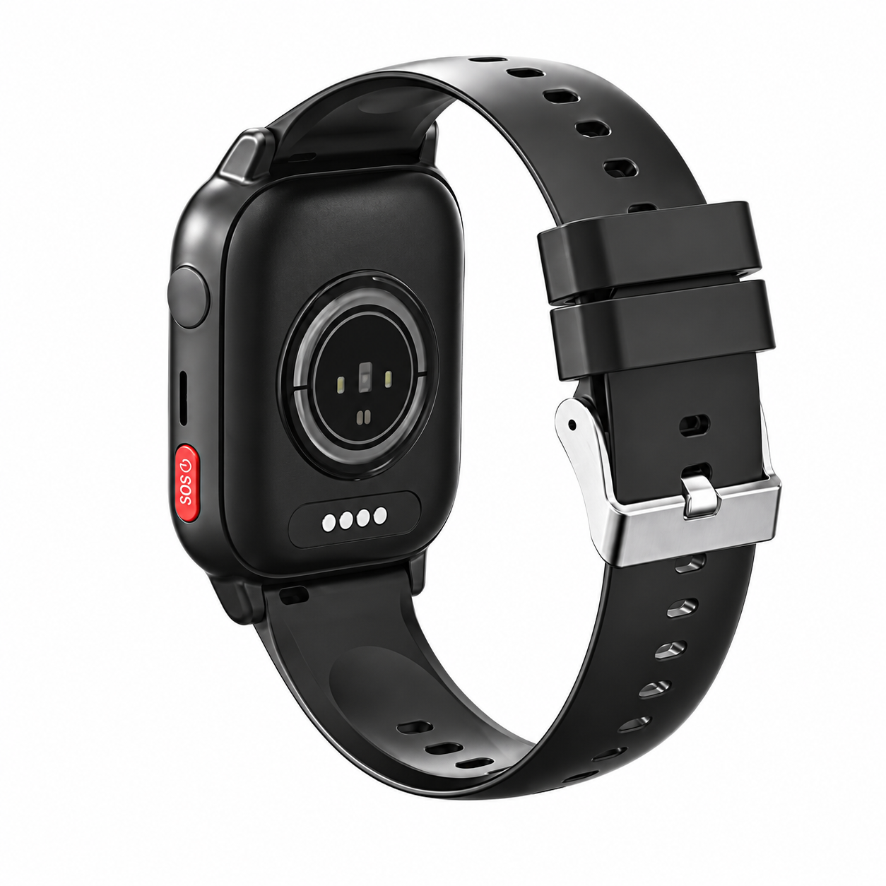 Rückseite einer schwarzen Smartwatch mit Sensor, Ladekontakten und rotem SOS-Knopf am Gehäuse.