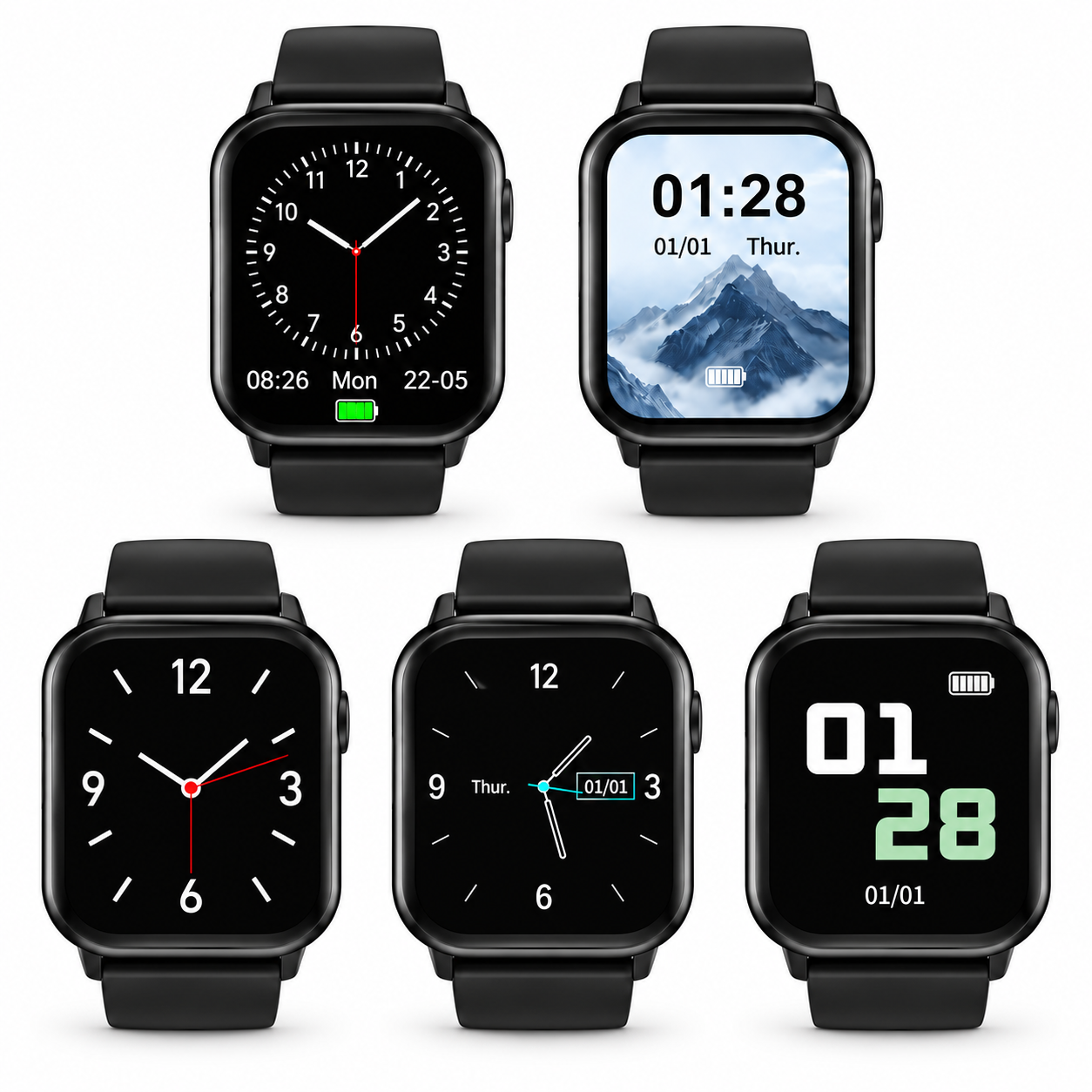 Fünf schwarze Smartwatches mit verschiedenen Zifferblättern und Mountain-Hintergrund auf weißem Grund.