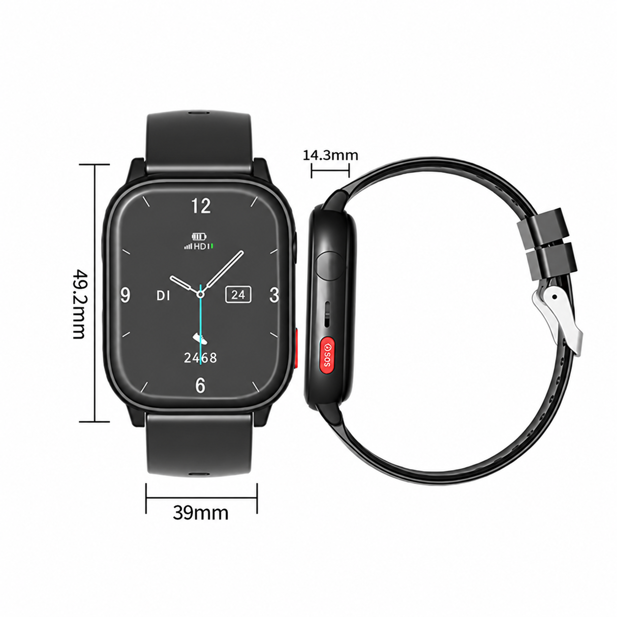 Vorder- und Seitenansicht einer schwarzen Smartwatch mit Maßen, Displaydetails und rotem SOS-Knopf.