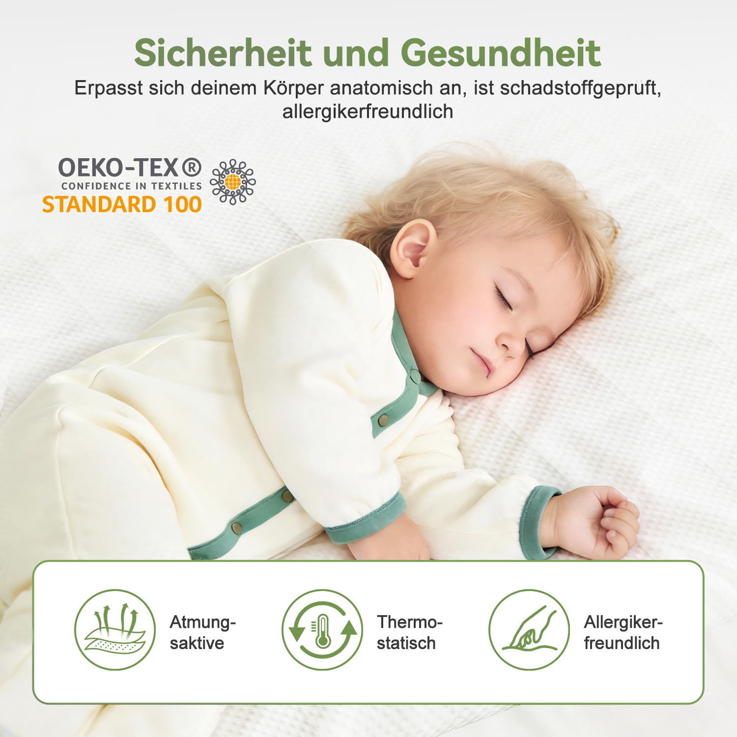 Ein blondes Kleinkind schläft friedlich auf einem weißen Kissen mit Text und Symbolen.