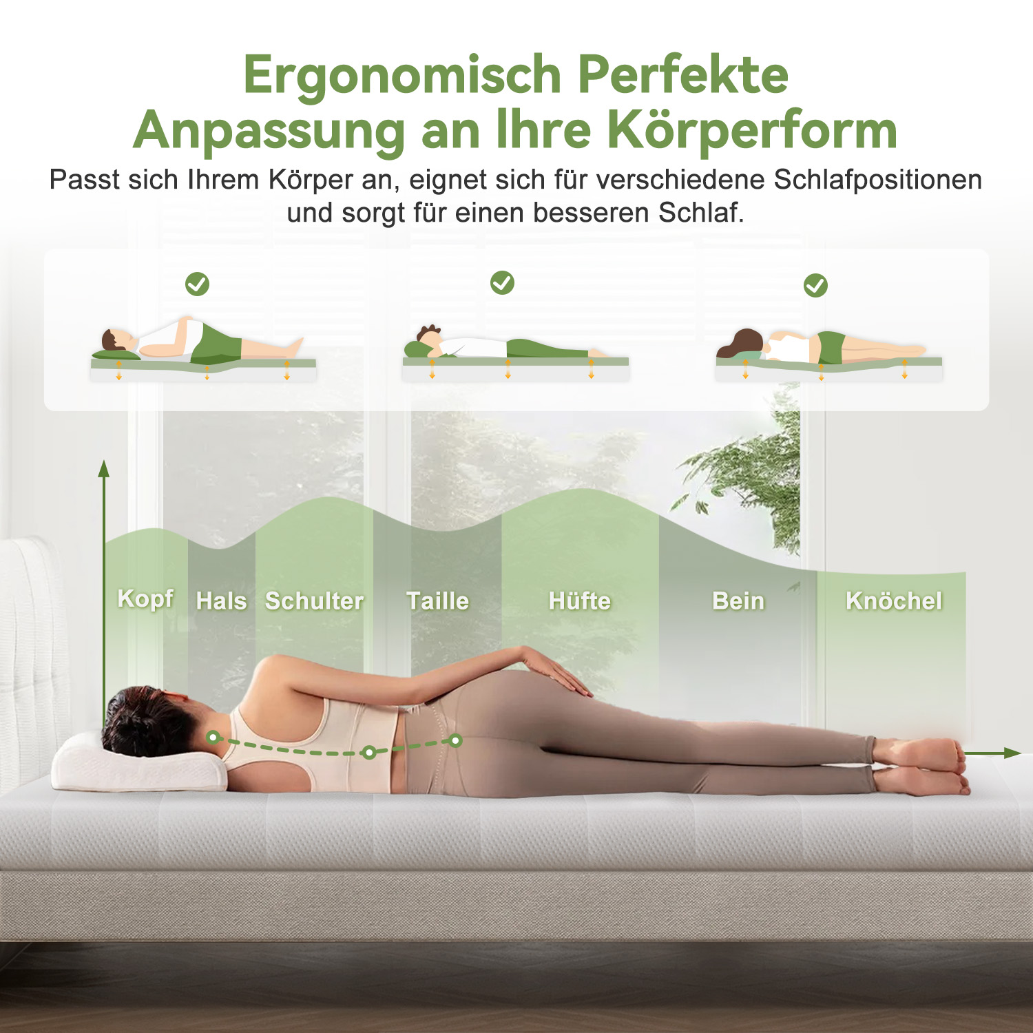 Ergonomische Matratze mit Kissen passt sich optimal an verschiedene Schlafpositionen und Körperkonturen an.