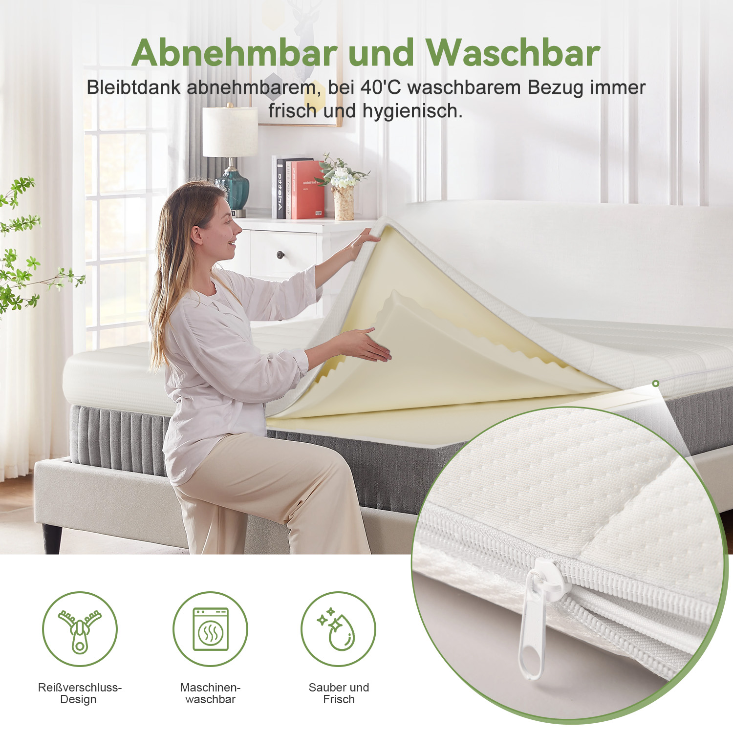 Eine Frau hebt den Bezug einer aufgeschlagenen Matratze ab; unten Inset mit Reißverschluss.