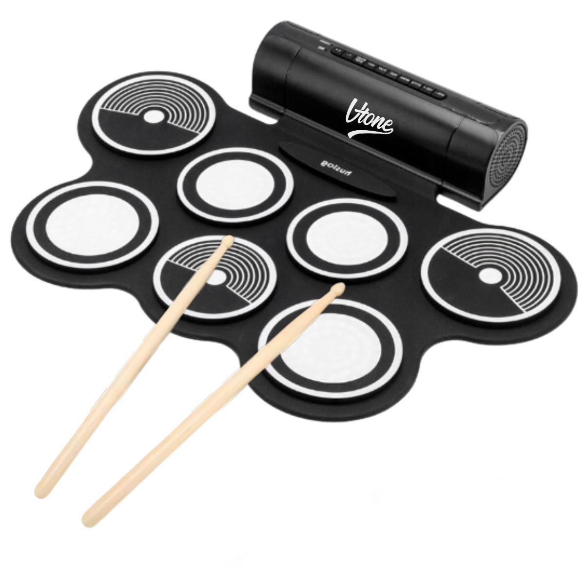 Ein schwarzes elektronisches E-Drum-Pad mit weißen runden Pads, einer Steuereinheit und zwei Holz-Drumsticks.