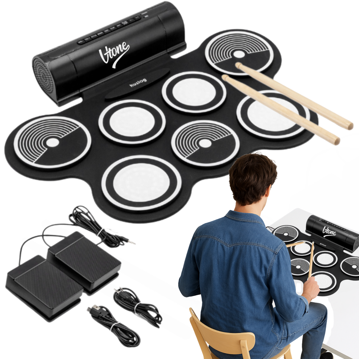 Ein tragbares elektronisches Schlagzeug mit Pads, Drumsticks, Pedalen und einem Spieler von hinten.