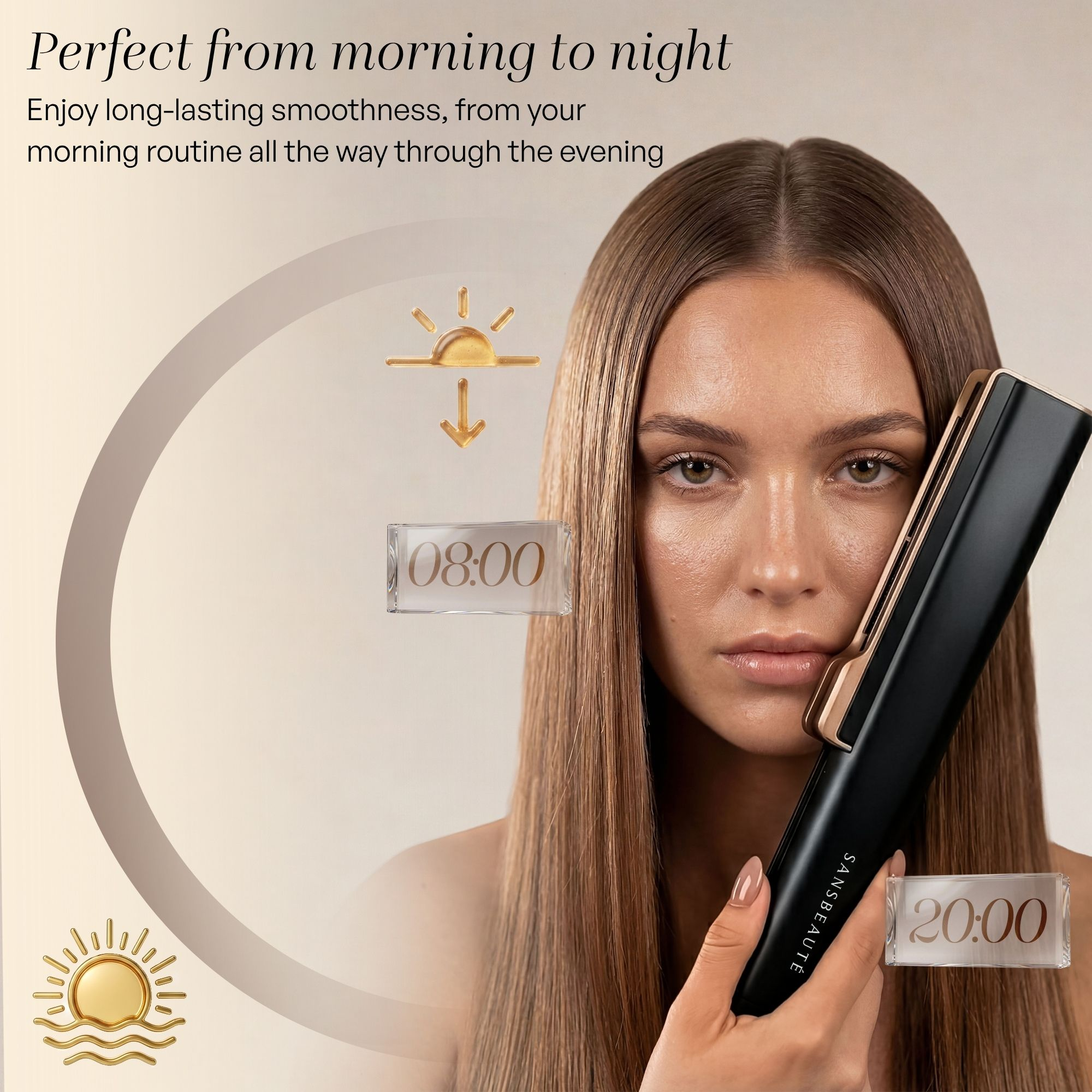 A woman with long straight hair holding a hair straightener, with sun and night symbols and 08:00.