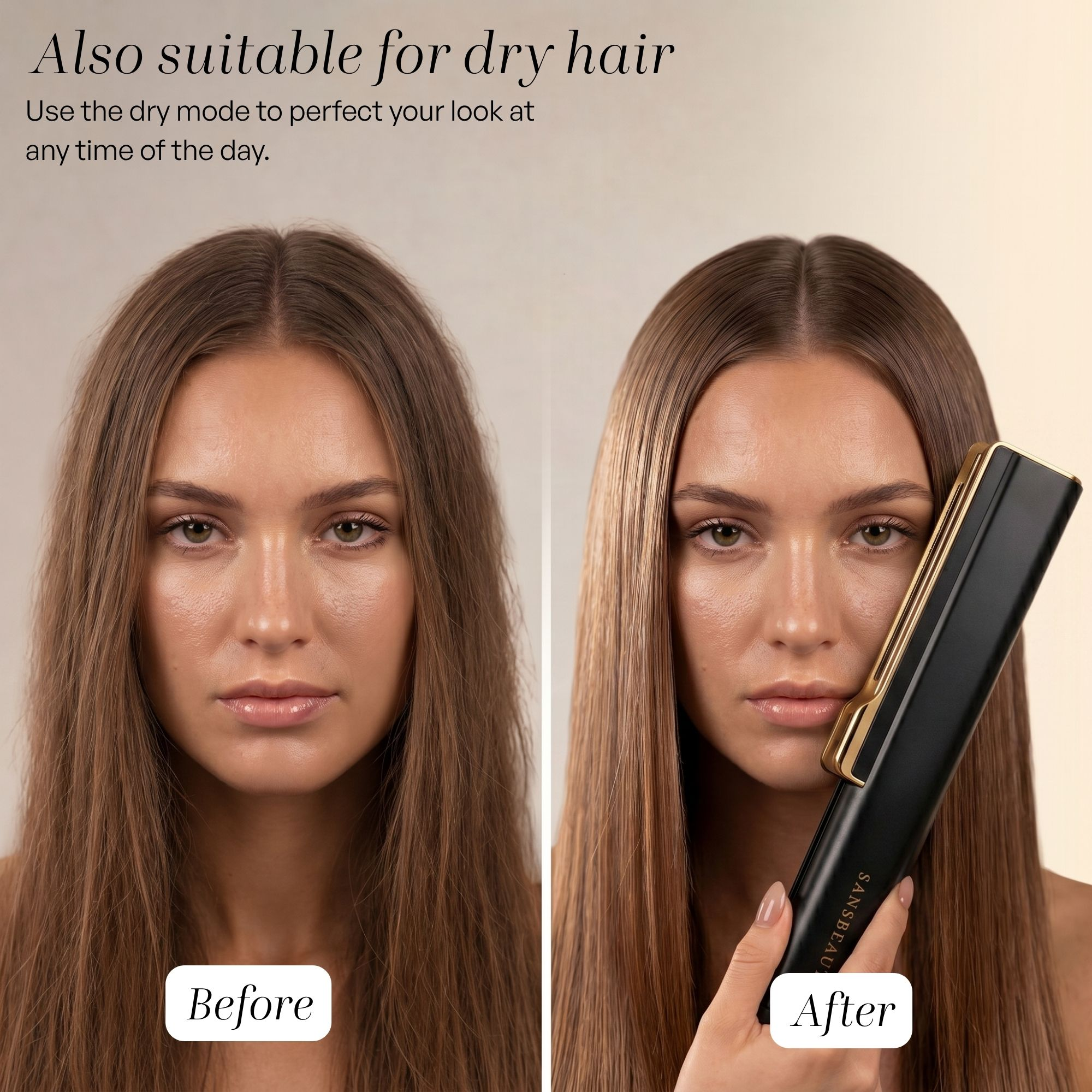 Vorher-Nachher-Vergleich von Haaren einer Frau mit Frizz vor und glattem Haar nach der Anwendung.