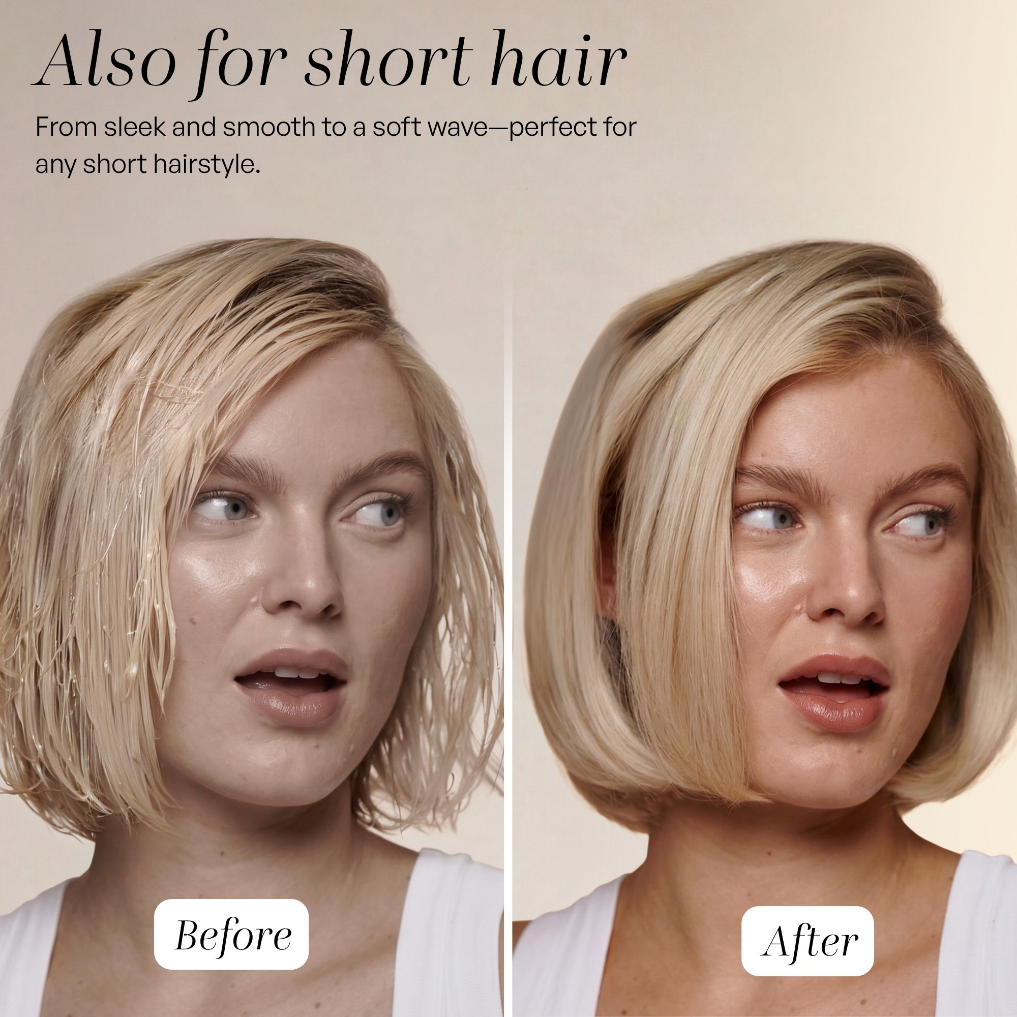 Comparaison avant-après d'une femme aux cheveux blonds courts, montrant des cheveux mouillés puis coiffés.