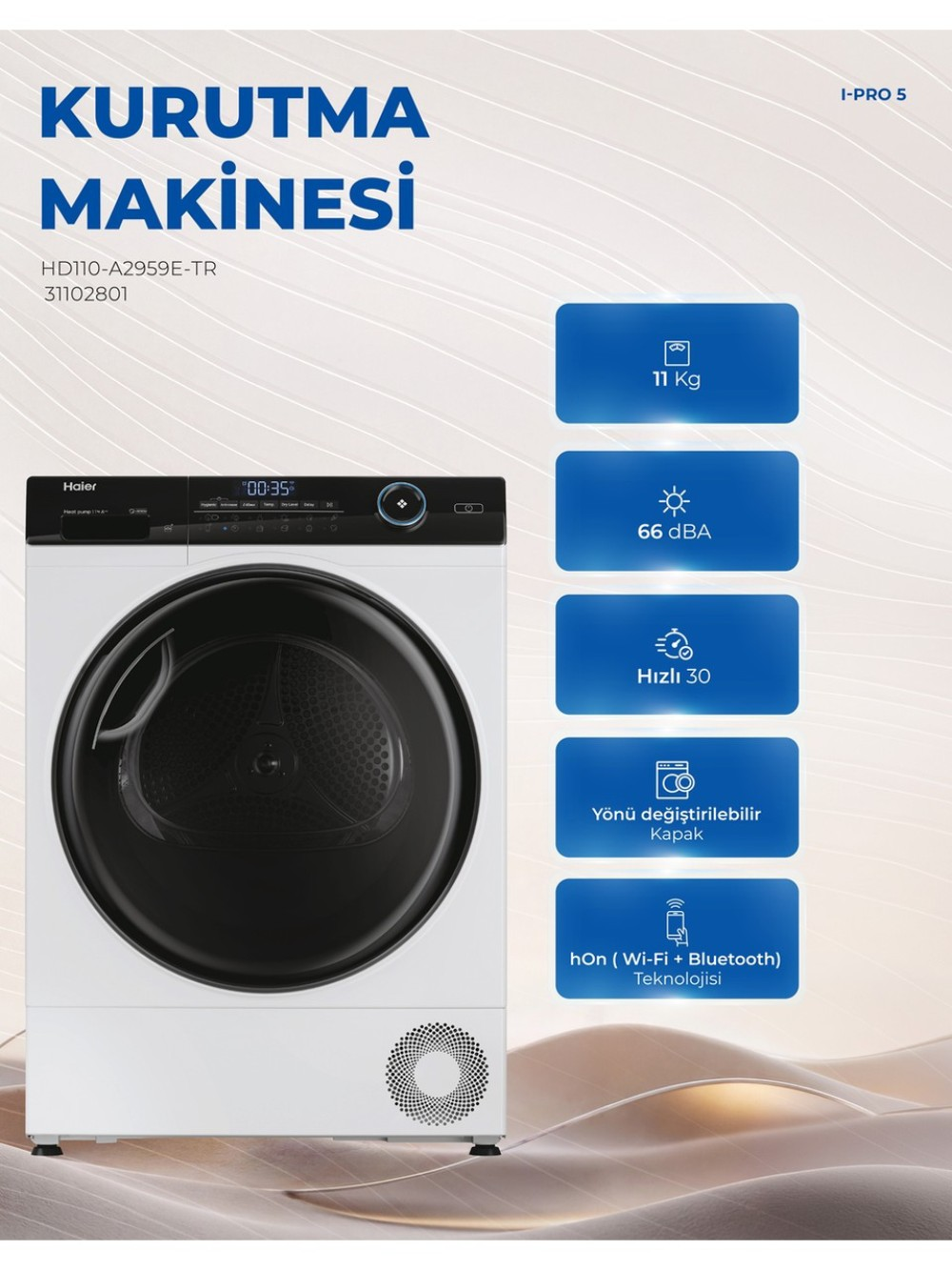11 kg kapasite ve LED ekrana sahip Haier kurutma makinesi.