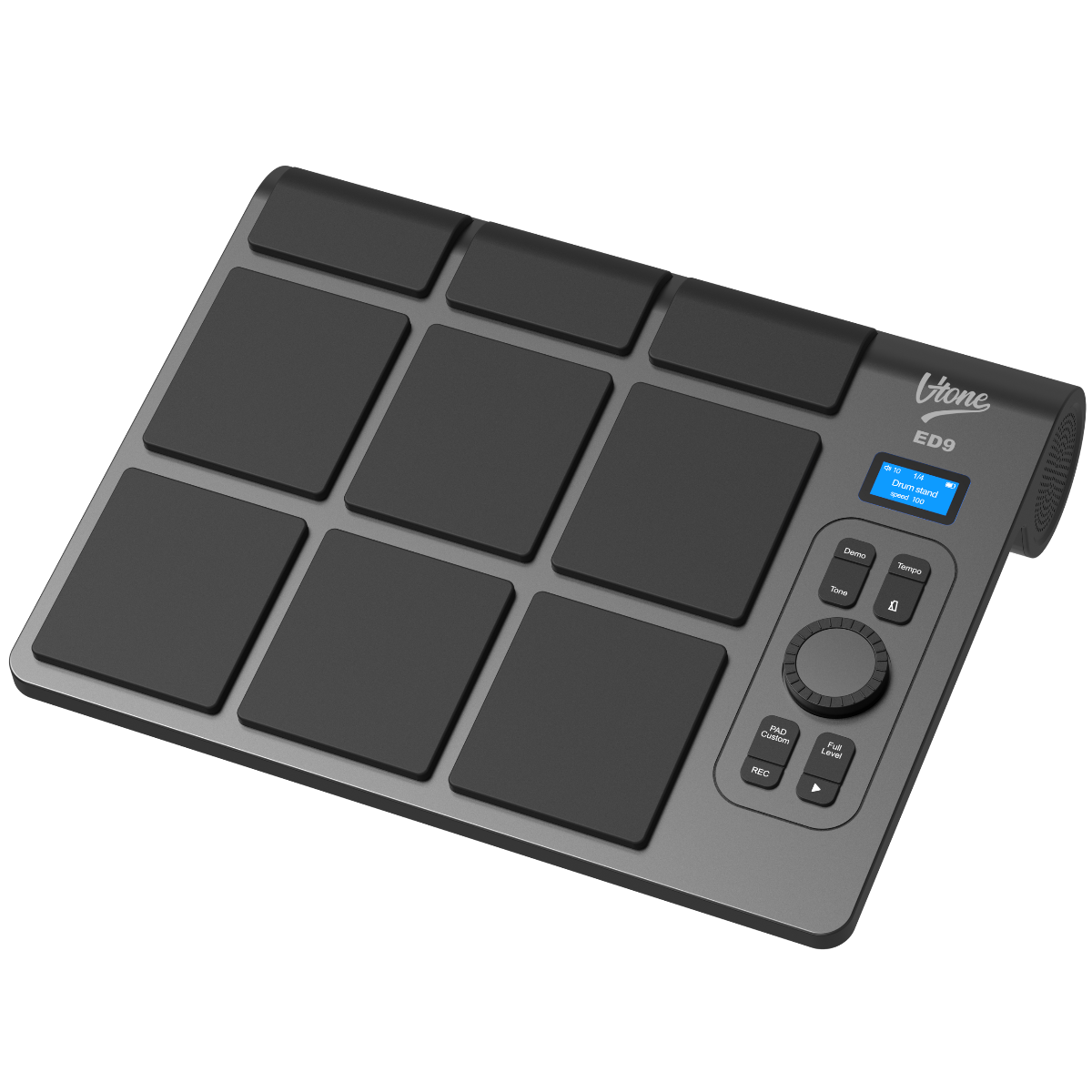Ein schwarzes elektronisches Drum-Pad mit mehreren rechteckigen Pads, einem Display und Bedienelementen.