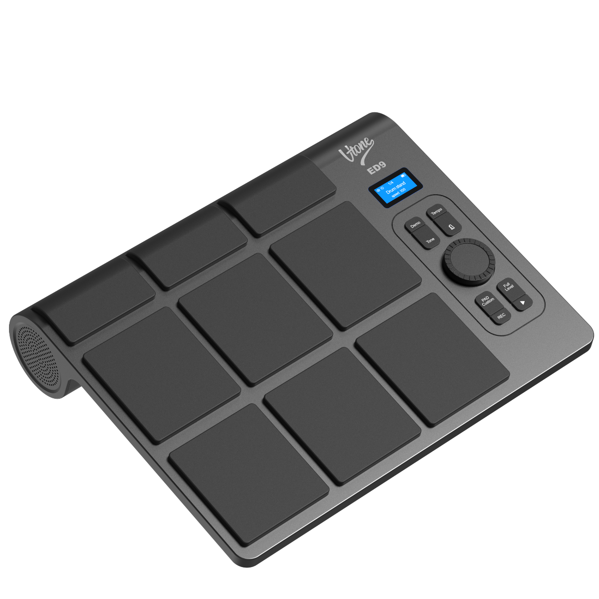 Ein graues elektronisches Drum-Pad mit neun schwarzen Pads, einem Display und Bedienknöpfen auf weißem Hintergrund.