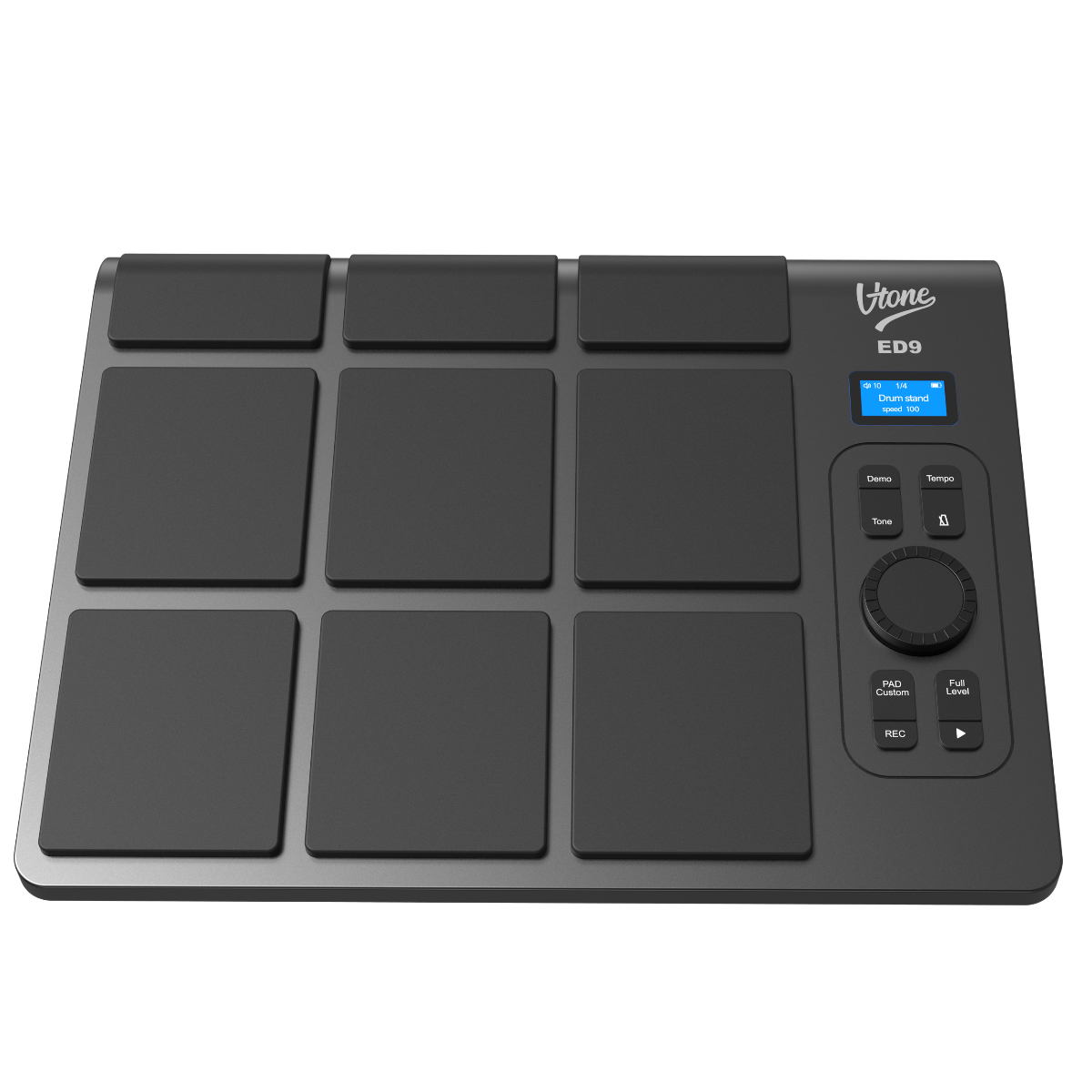 Ein schwarzes elektronisches Schlagzeugpad mit neun Pads, einem kleinen Display und Steuerungsknöpfen.