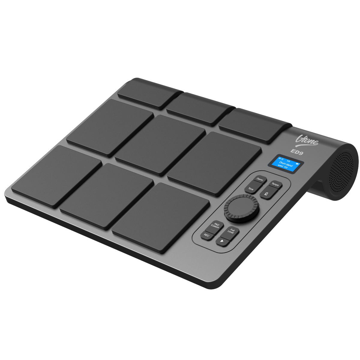 Ein schwarzes elektronisches Drum-Pad mit neun Gummipads, Bedientasten, einem blauen LCD-Bildschirm und Lautsprecher.