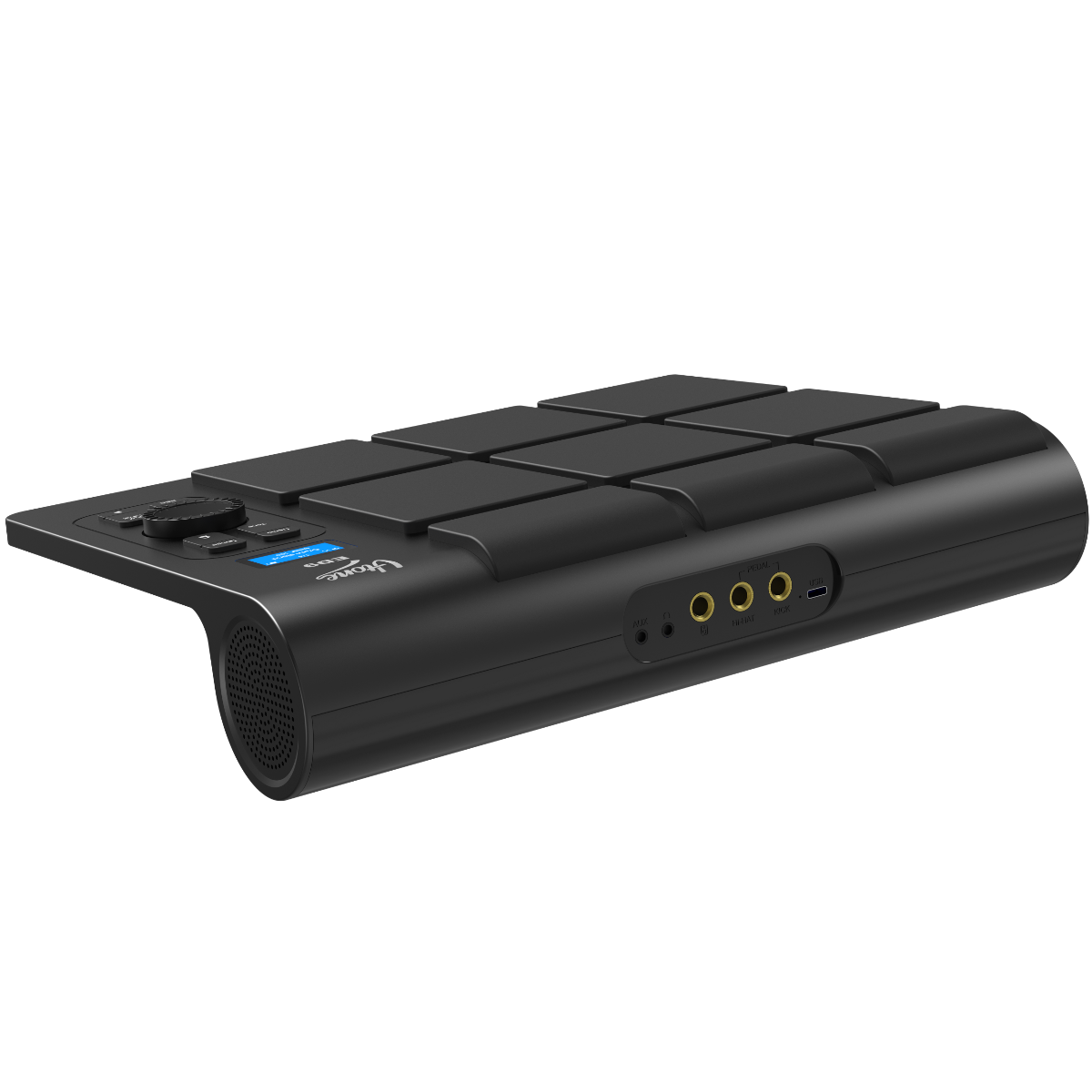 Schwarzes digitales Drum-Pad mit neun oberen Tasten, Bedienelementen links und Audioanschlüssen vorne.