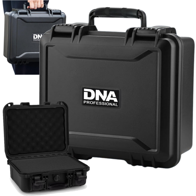 Schwarze DNA Professional Hartschalenkoffer, einer geschlossen, einer offen mit Schaumstoff und einer wird getragen.