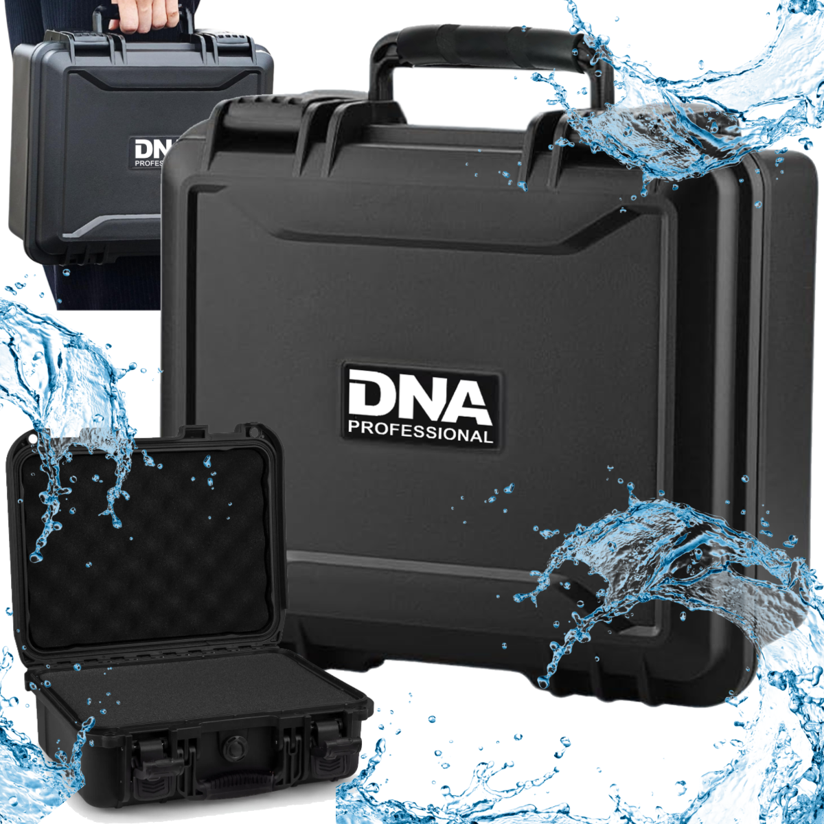 Ein schwarzer DNA Professional Hartschalenkoffer umgeben von Wasserspritzern, mit offenem Schaumstoffkoffer.