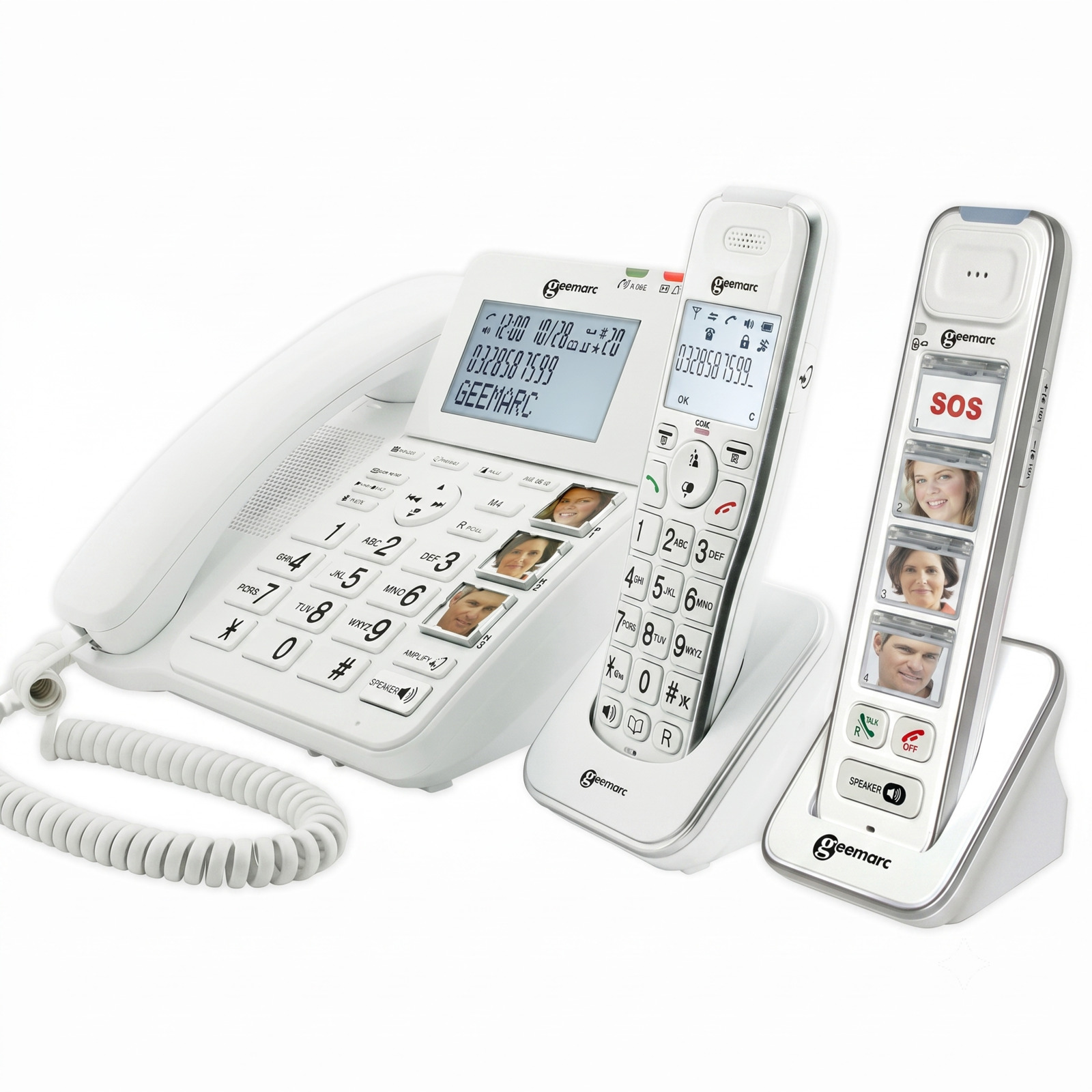Ein weißes Geemarc-Festnetztelefon mit Basisstation und zwei Mobilteilen mit großen Tasten und Fotowahltasten.