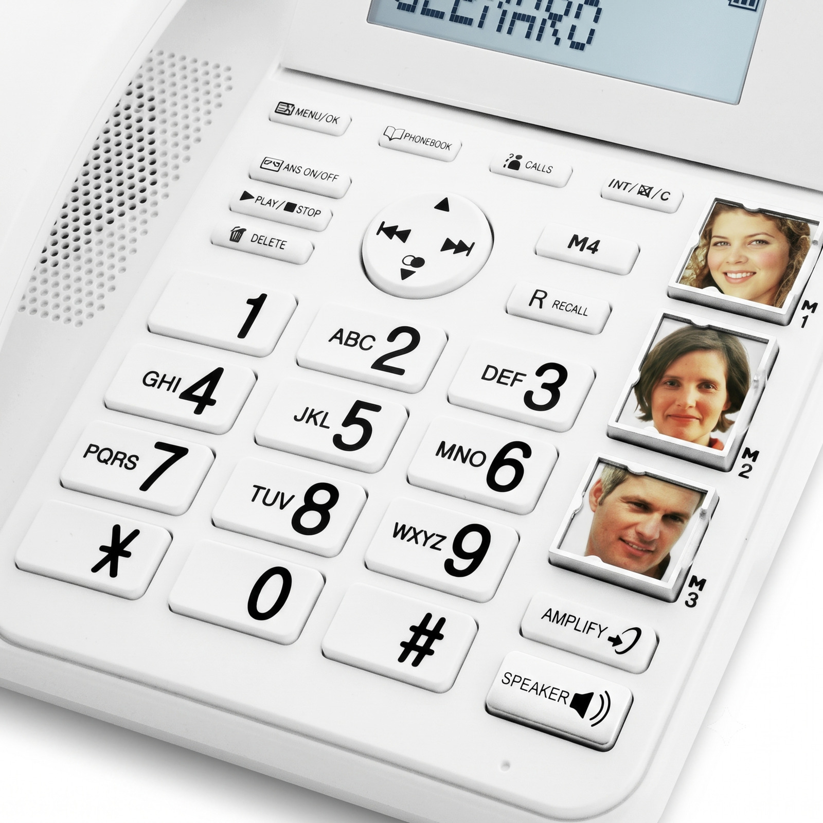Ein weißes Festnetztelefon mit großen Tasten und drei Fotokurzwahltasten an der Seite.