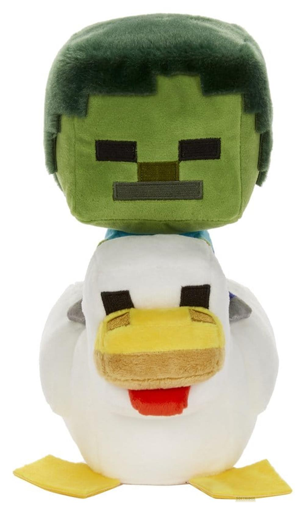 Ein Minecraft-Zombie-Plüschtier reitet auf einer weißen Ente vor weißem Hintergrund.