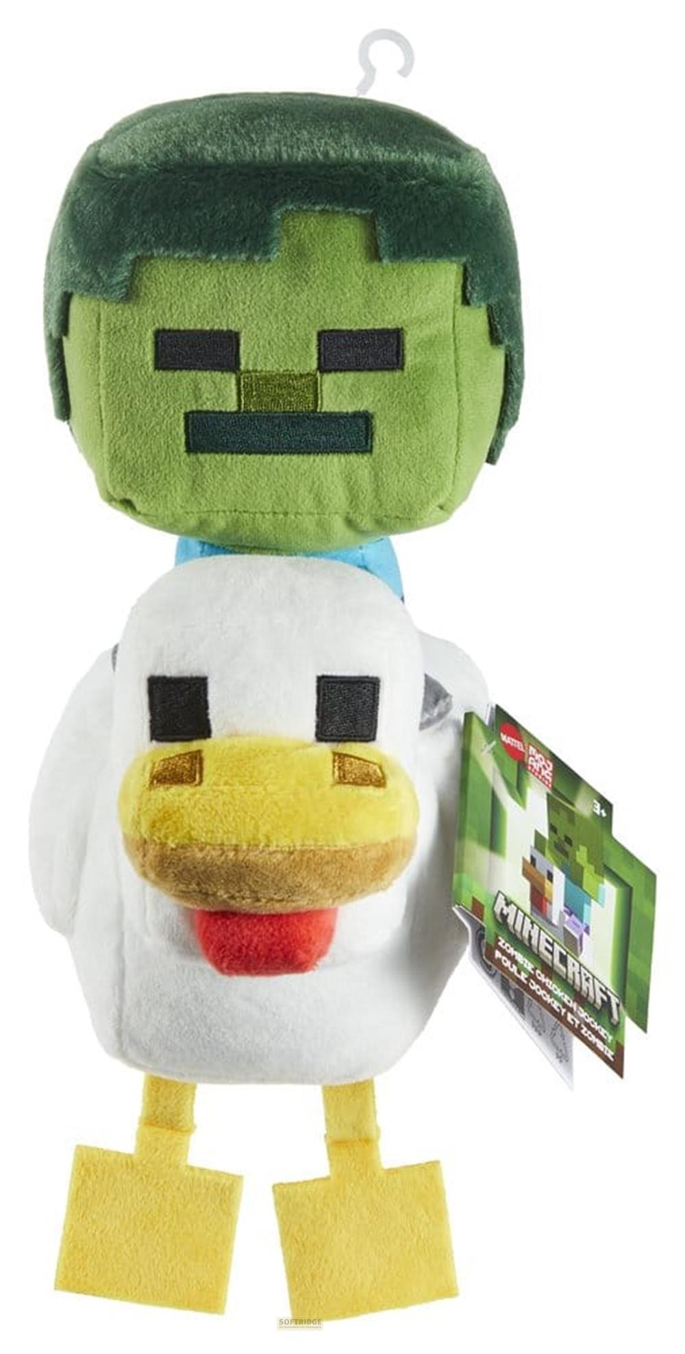 Minecraft Plüschfigur: Ein grüner Zombie reitet auf einem weißen Huhn mit gelbem Schnabel und Etikett.