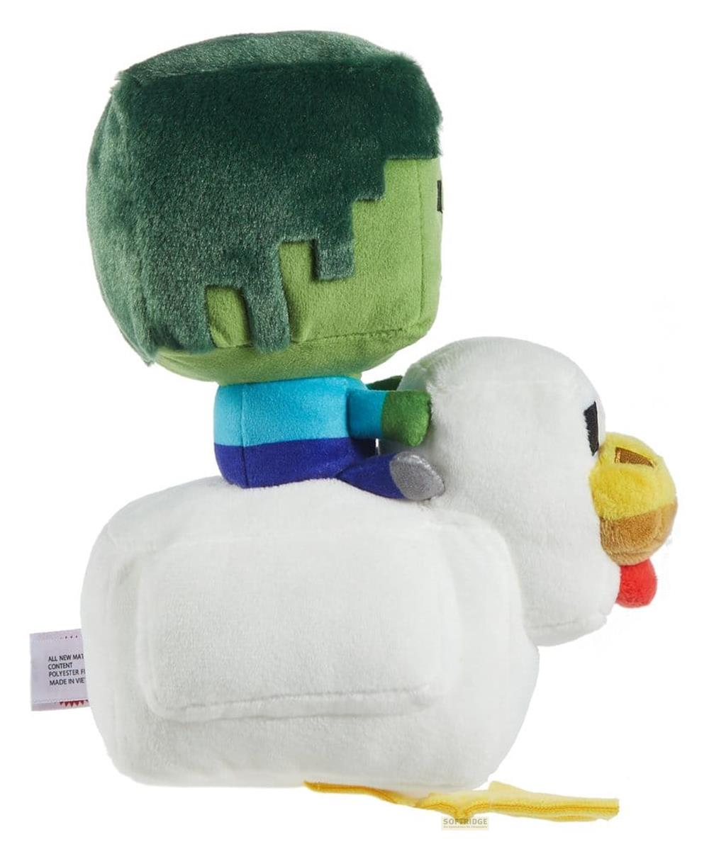 Minecraft Plüschfigur zeigt Zombie reitend auf einem weißen Huhn.
