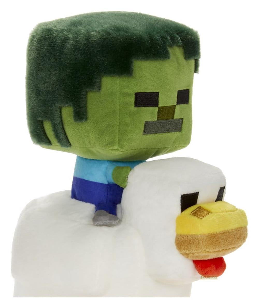 Minecraft Plüschfigur: Ein grüner Zombie reitet auf einem großen weißen Huhn auf weißem Hintergrund.