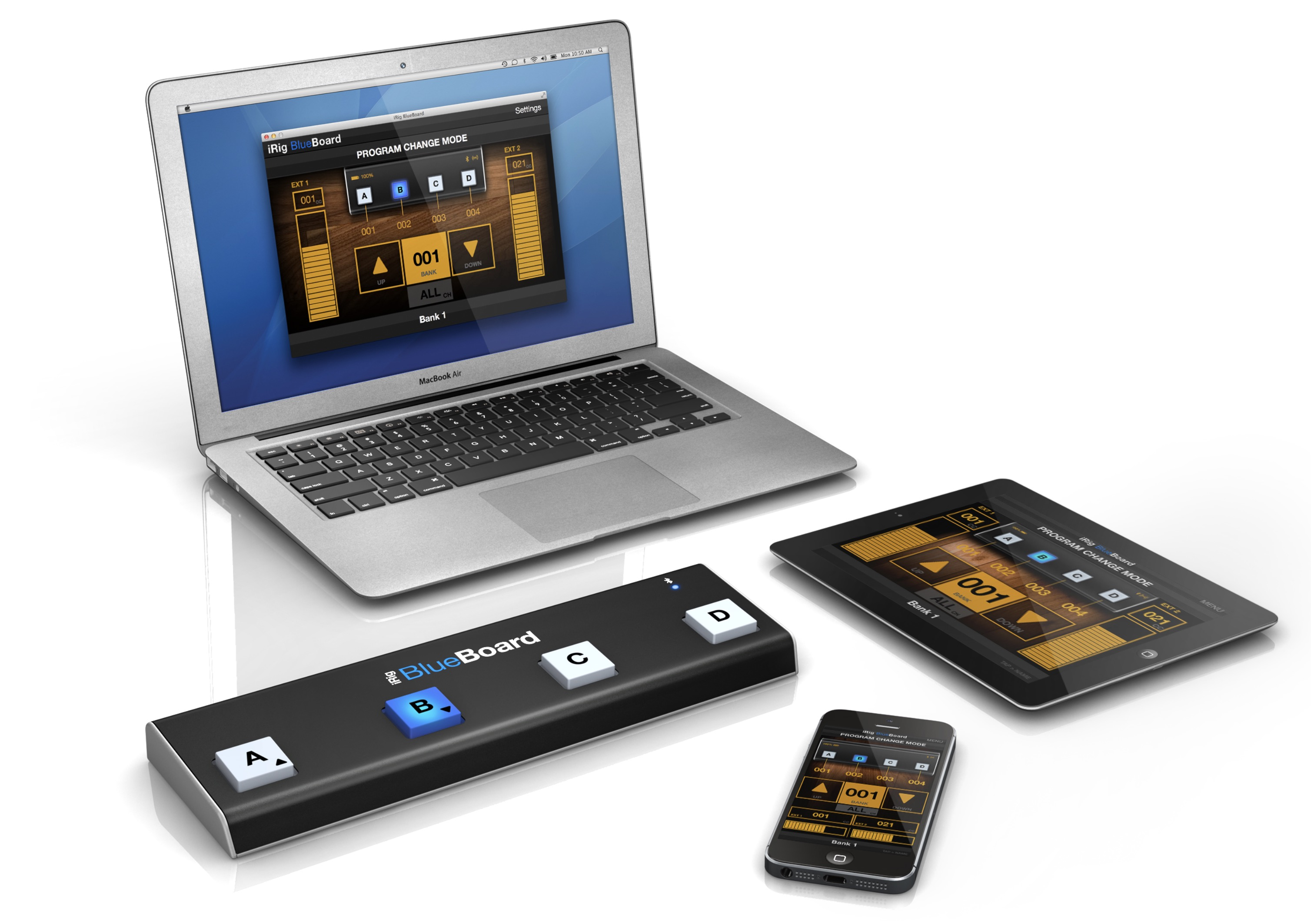 Un contrôleur iRig BlueBoard connecté à un ordinateur portable, une tablette et un smartphone sur fond blanc.