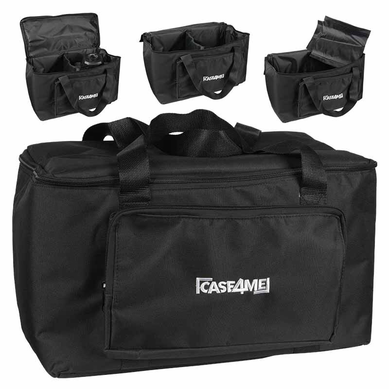 Eine schwarze Case4Me-Tasche mit Fronttasche und Tragegriffen, gezeigt in verschiedenen Ansichten.