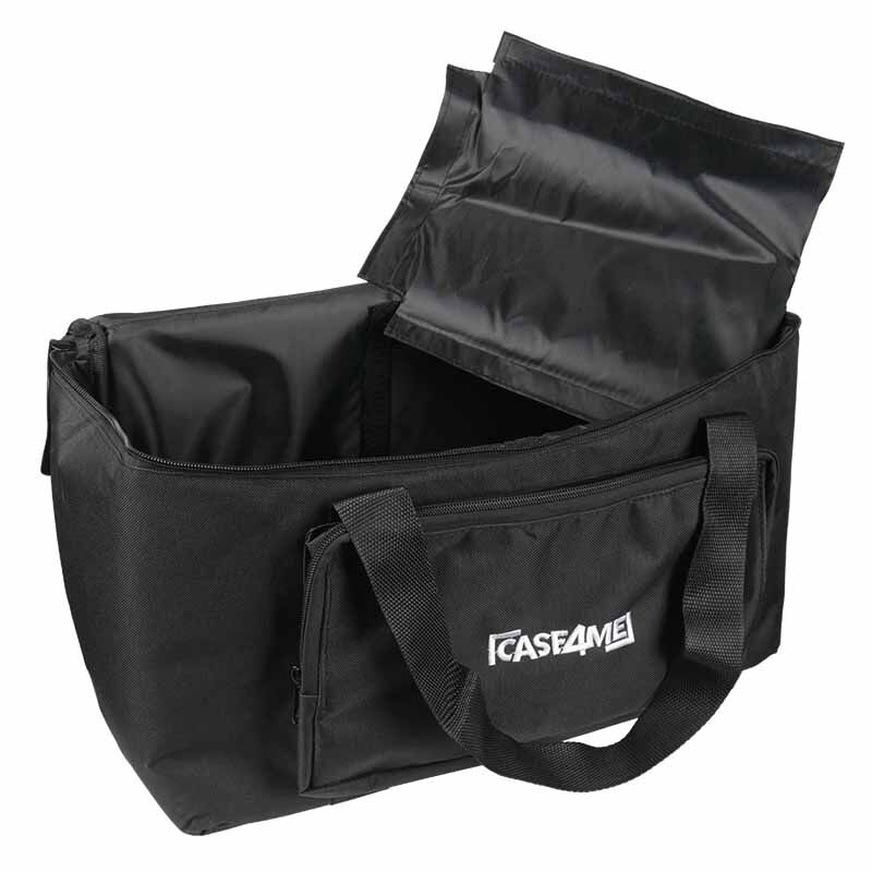 Offene schwarze Tasche mit Tragegriffen und Case4Me Logo.