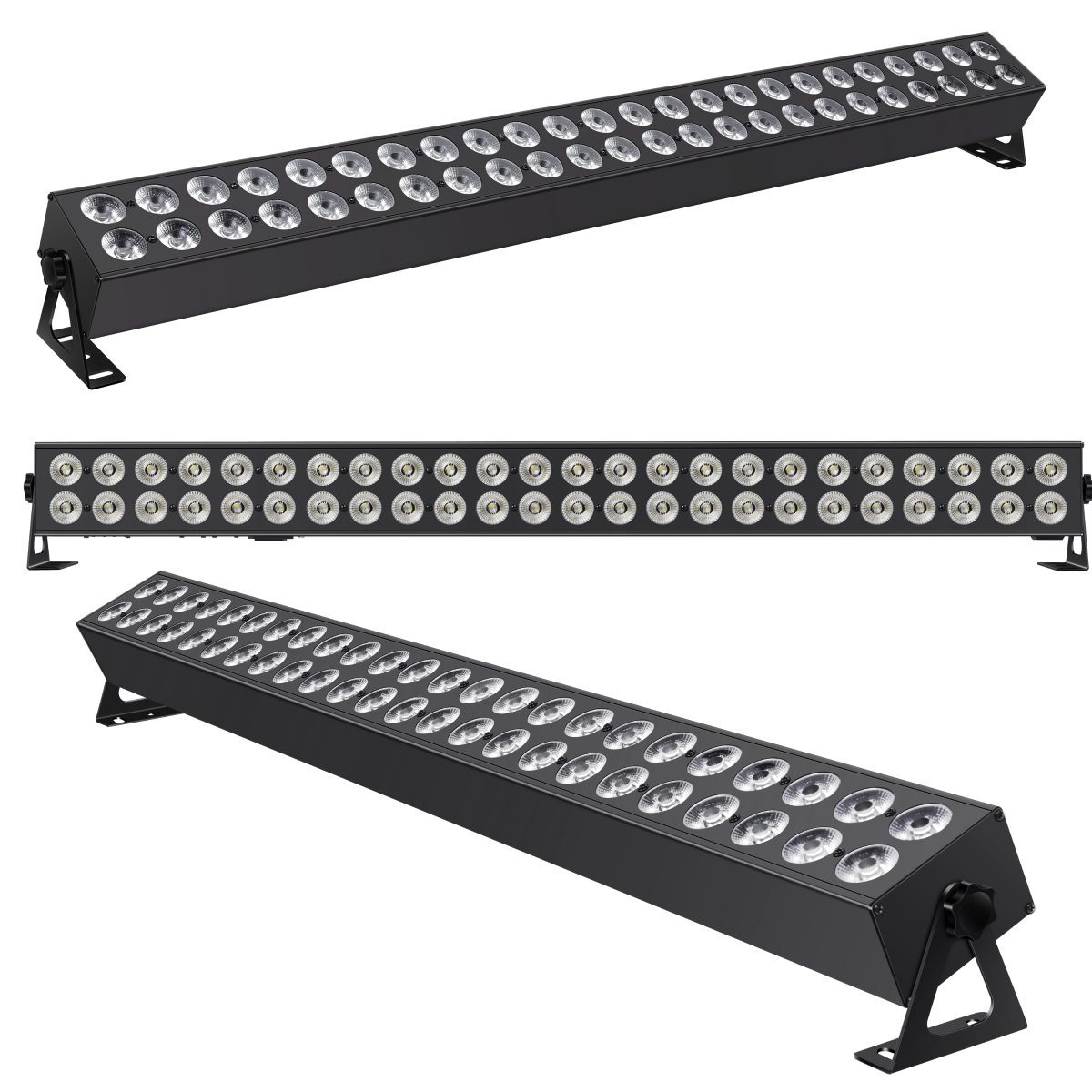 Drei Ansichten einer langen schwarzen LED-Leistenbeleuchtung mit doppelten Reihen runder Linsen.