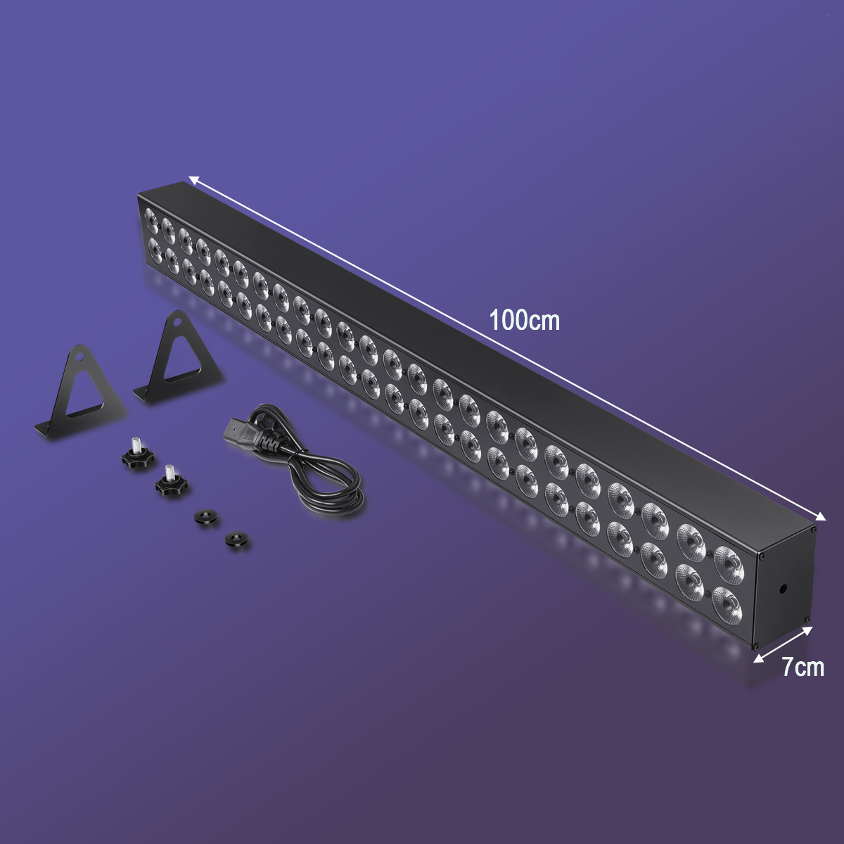 Lange schwarze LED-Leiste mit Maßen 100cm x 7cm, inklusive Halterungen, Schrauben und Stromkabel.