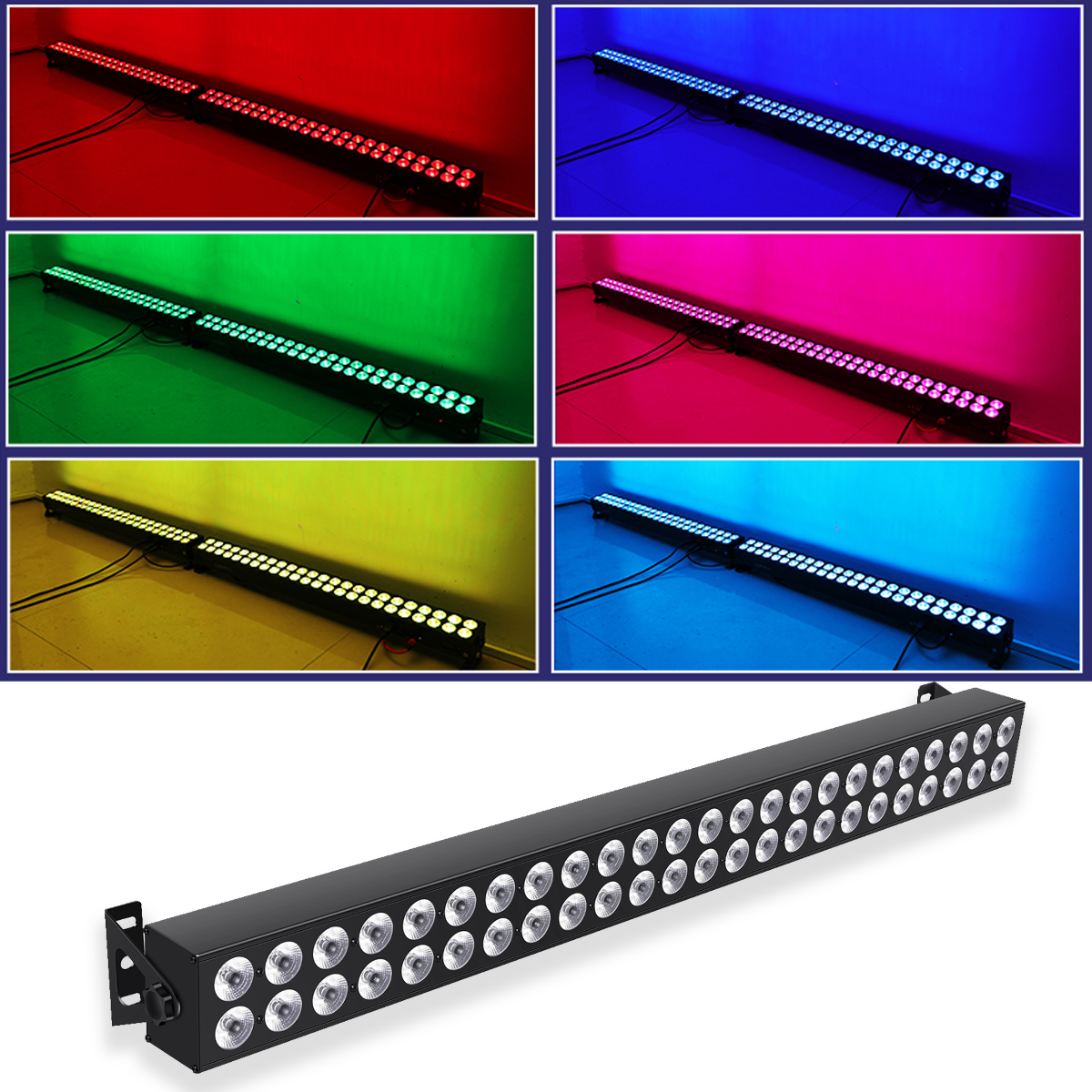 Eine lange schwarze LED-Bühnenleiste beleuchtet Wände in verschiedenen Farben wie Rot, Blau, Grün und Rosa.