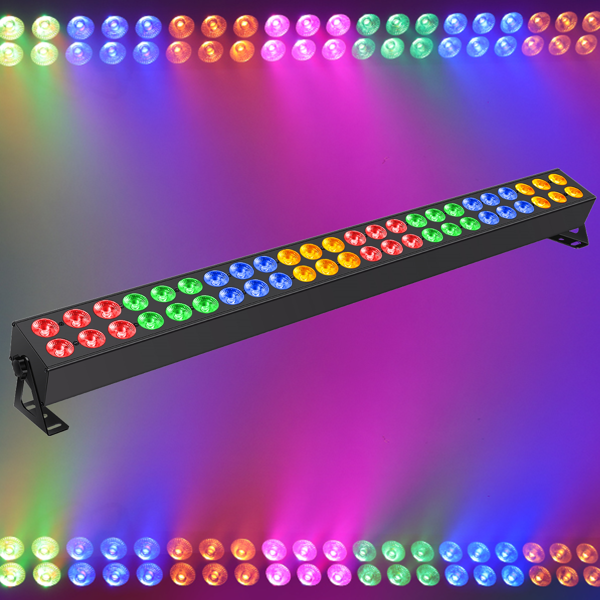 Eine schwarze LED-Lichtleiste mit vielen bunten LEDs auf einem farbigen Hintergrund.