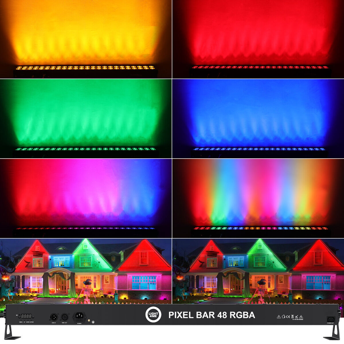 Eine Pixel Bar 48 RGBA Leuchte beleuchtet Wände in verschiedenen Farben und ein Haus.