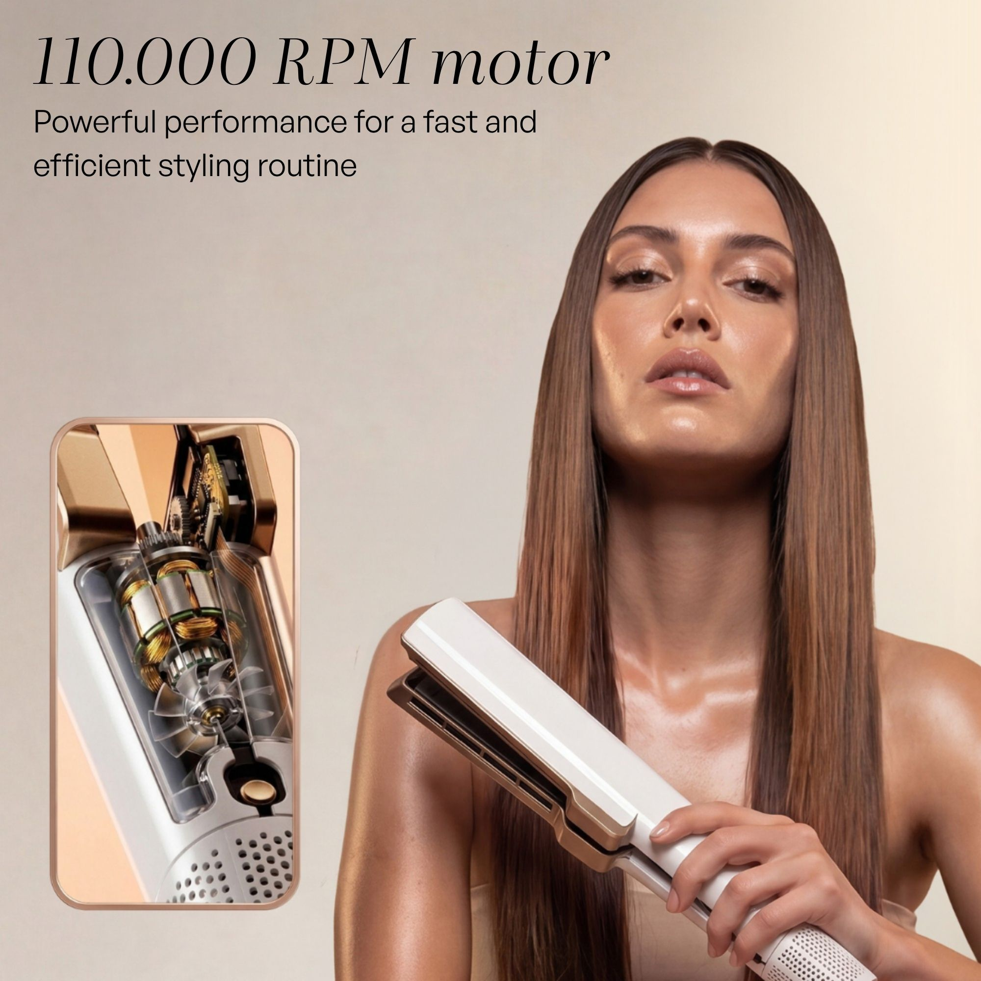 Eine Frau mit langem glattem Haar hält einen weißen Haarglätter, im Inset ist der Motor zu sehen.
