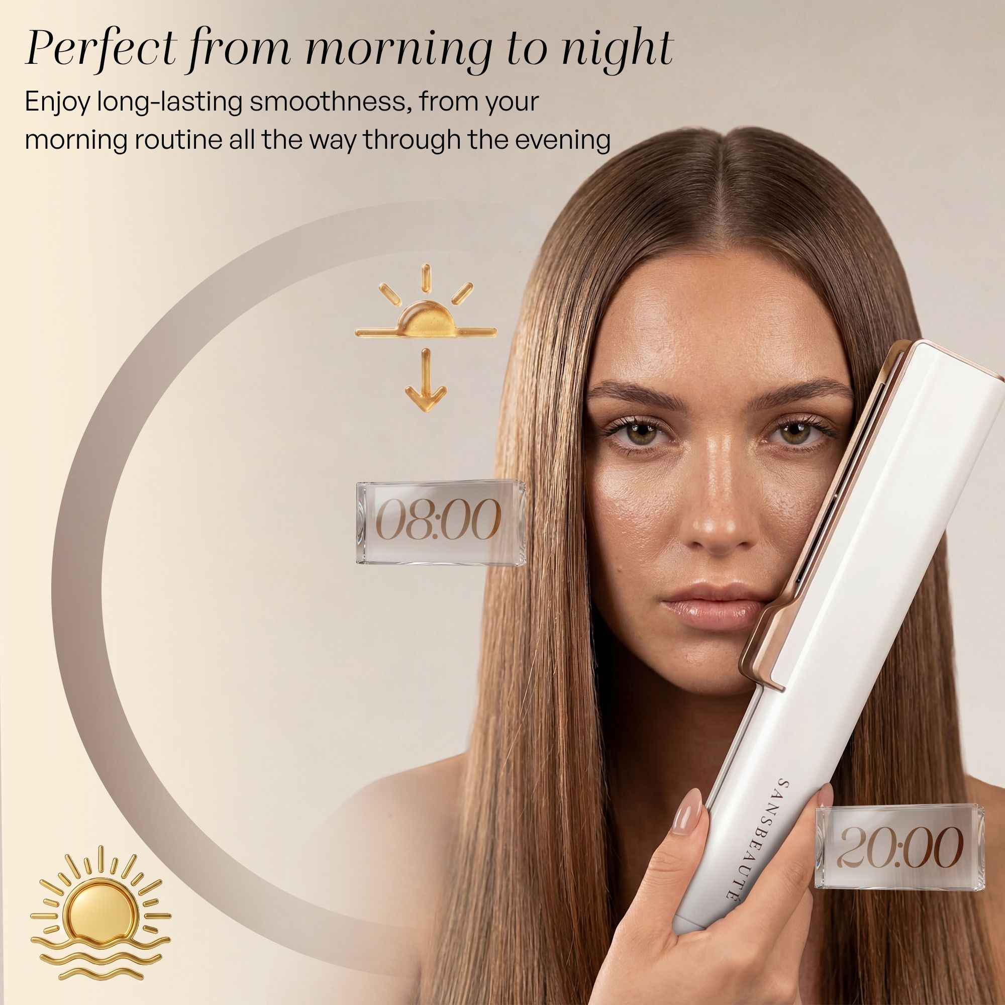 A woman with long straight hair holds a hair straightener. Overlay graphics with text and times.