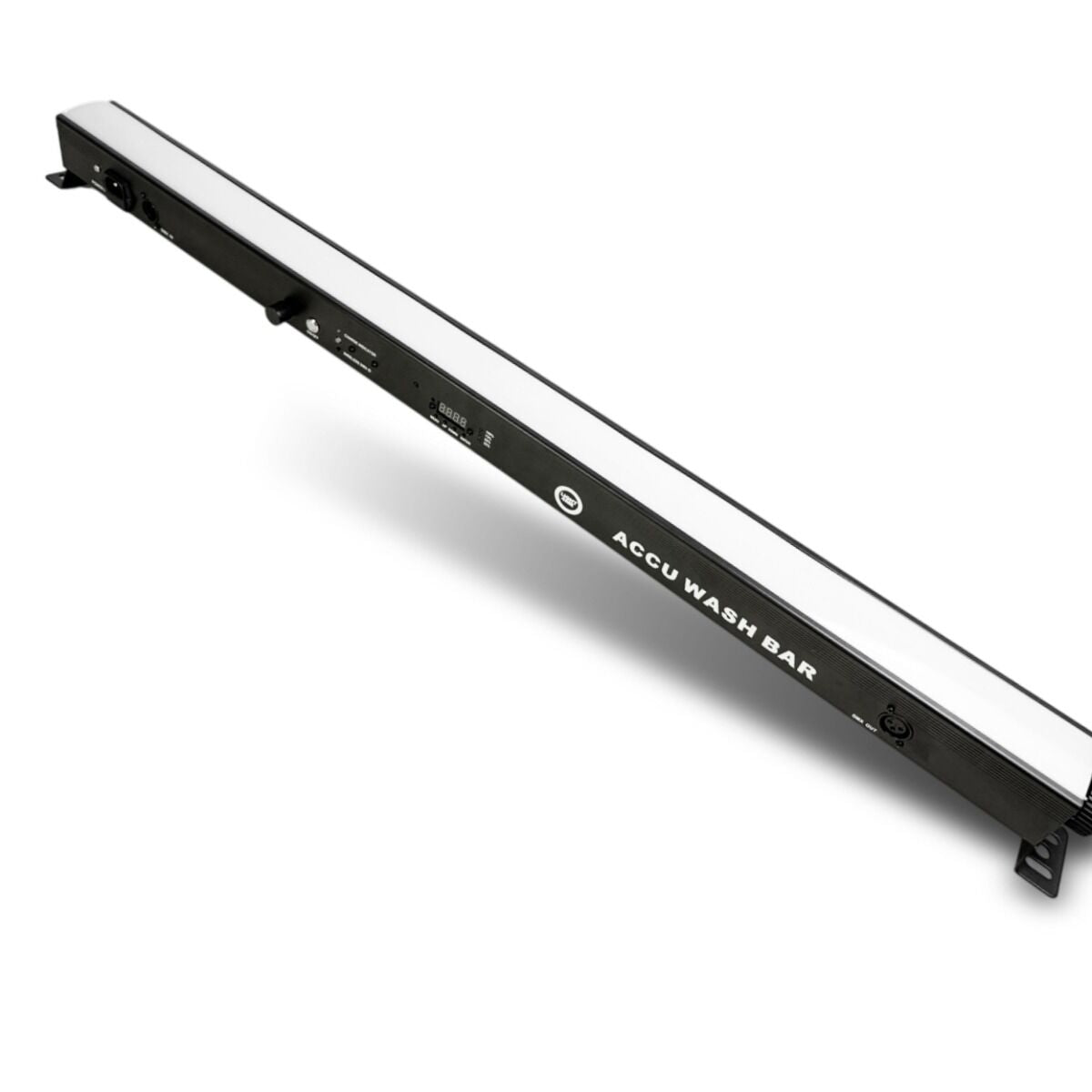 Langer schwarzer Accu Wash Bar Scheinwerfer mit integrierten LED-Leuchten auf weißem Hintergrund.