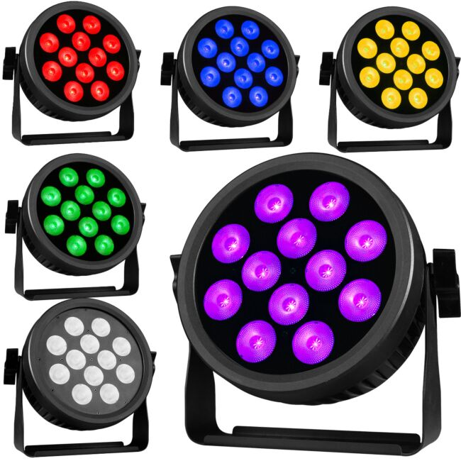 Fünf runde Scheinwerfer in schwarzen Halterungen zeigen rote, blaue, gelbe, grüne, weiße und lila LEDs.