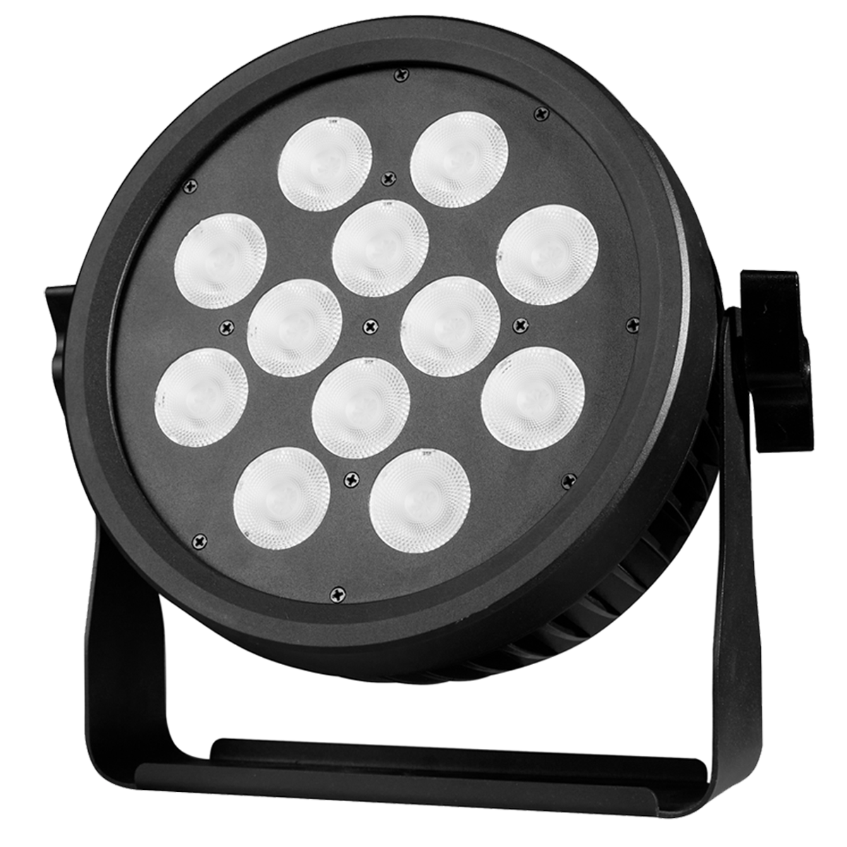 Ein schwarzer, runder Bühnenscheinwerfer mit zwölf weißen LED-Lampen in einem Metallgehäuse auf einem Ständer.