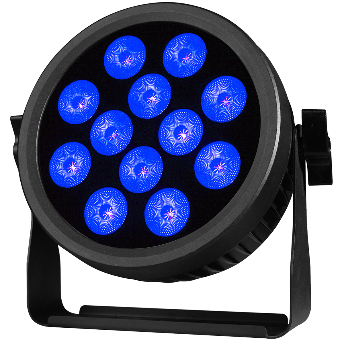Ein runder, schwarzer LED-Scheinwerfer mit elf blauen Leuchtquellen auf einem Ständer.