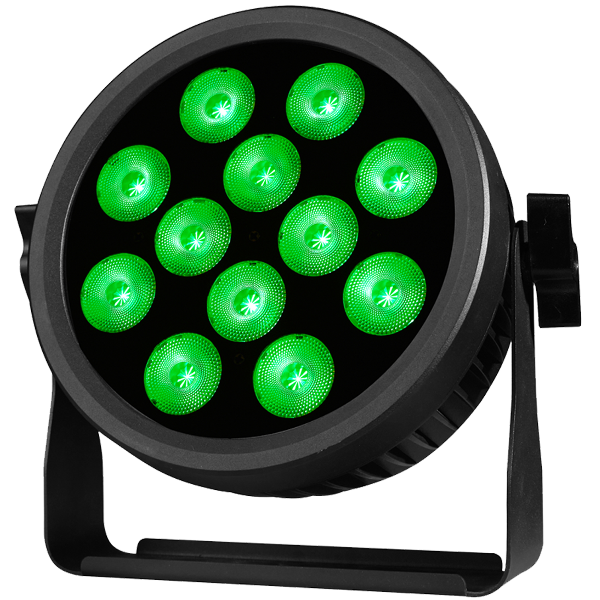 Ein runder, schwarzer LED-Scheinwerfer mit zwölf leuchtend grünen LEDs in einem schwarzen Metallrahmen und Ständer.