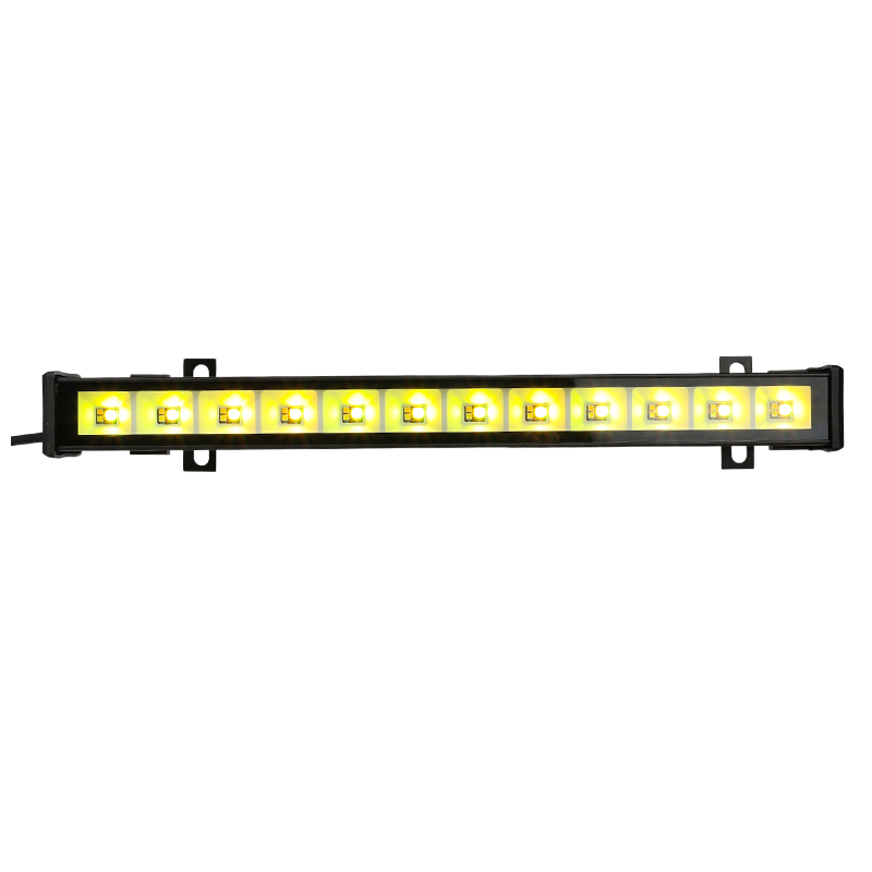 Eine schwarze LED-Lichtleiste mit zwölf leuchtend gelben, quadratischen Lichtern vor weißem Hintergrund.