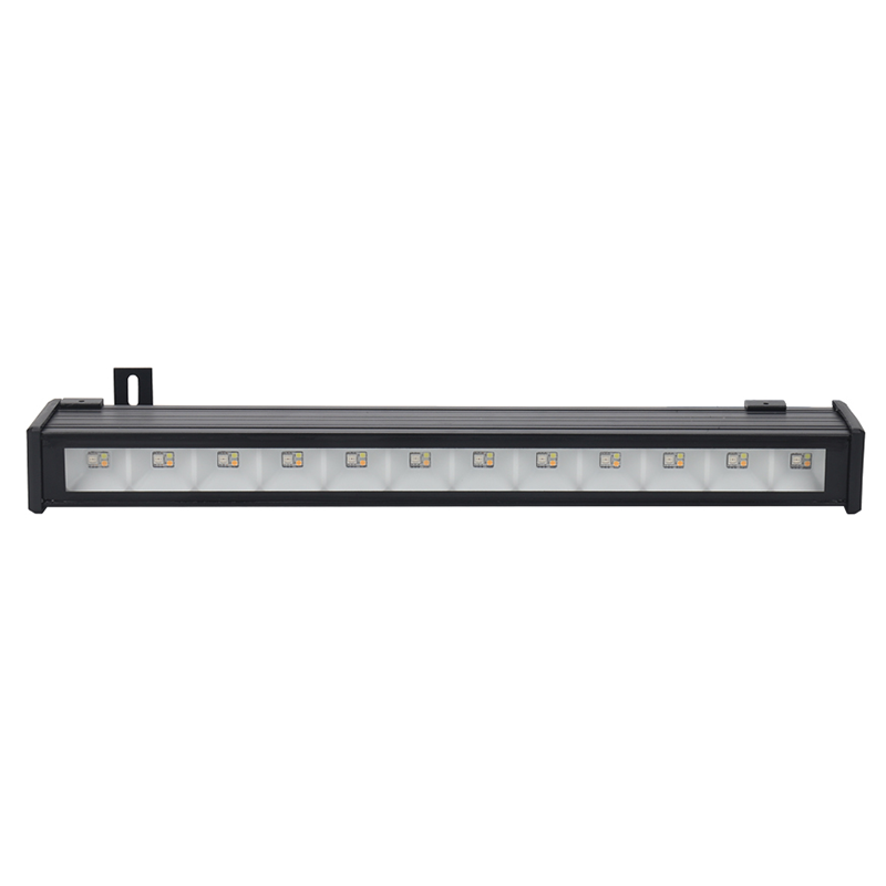 Eine schwarze, rechteckige LED-Lichtleiste mit einer Reihe von zwölf kleinen quadratischen LEDs vor weißem Hintergrund.