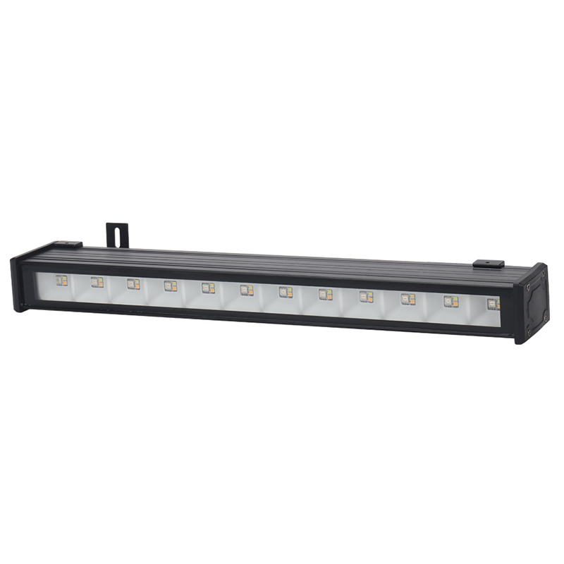 Eine schwarze, rechteckige LED-Lichtleiste mit zwölf leuchtenden quadratischen Lichtern auf weißem Hintergrund.
